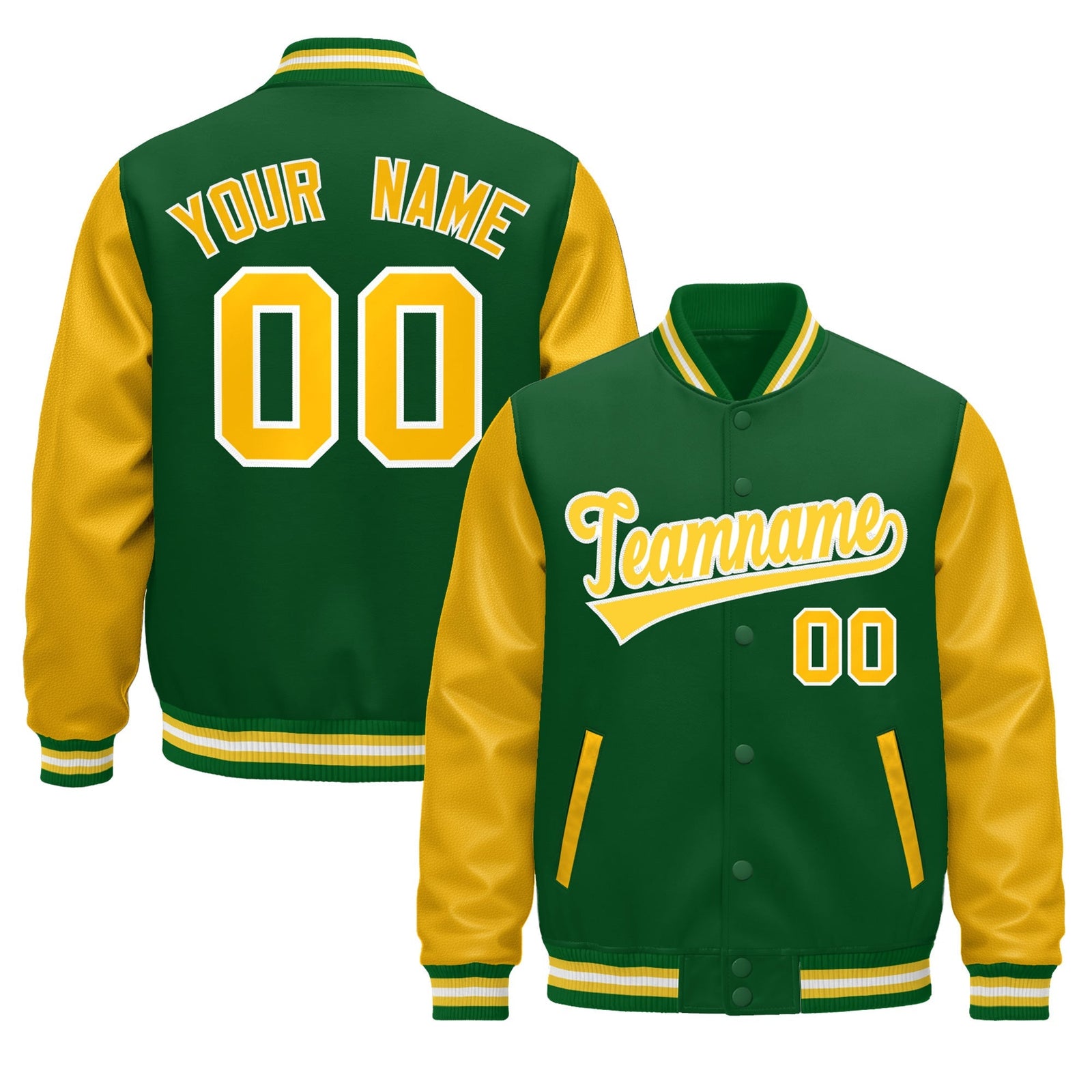 Custom Kelly Green Gold White Raglan Sleeves Varsity Full-Snap Leather Sleeves Letterman Jacket| KXKSHOP