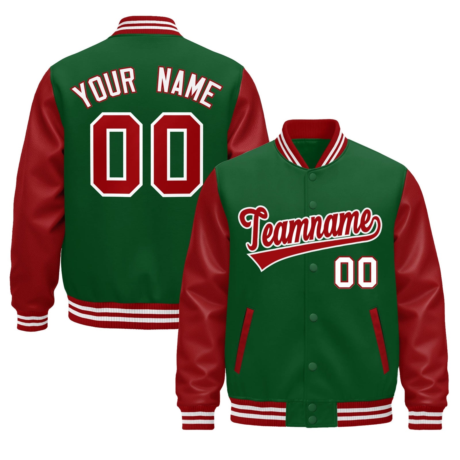 Custom Kelly Green Red White Raglan Sleeves Varsity Full-Snap Leather Sleeves Letterman Jacket| KXKSHOP