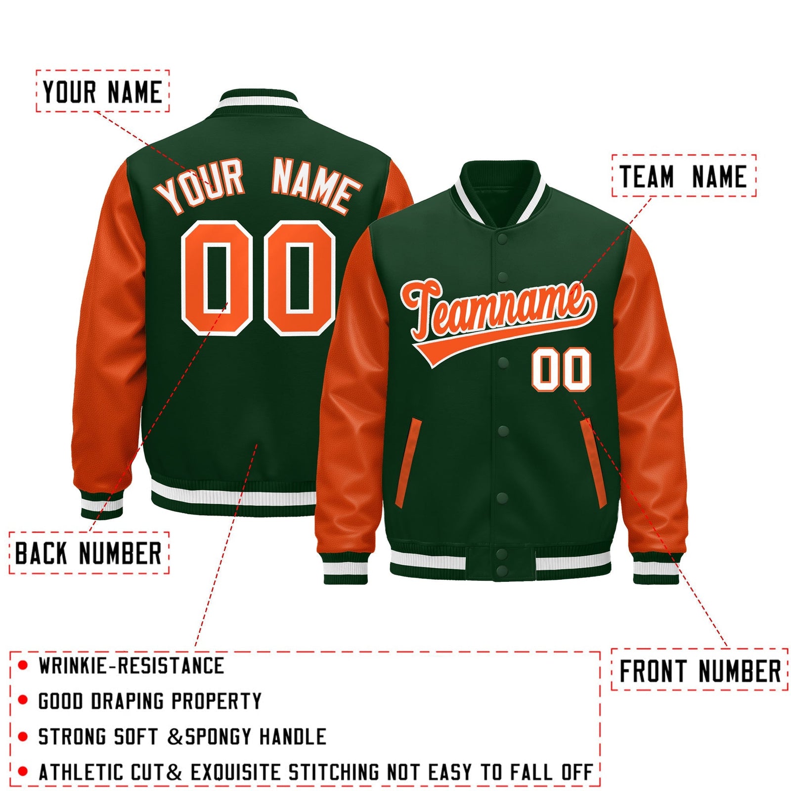 Custom Dark Green Orange White Raglan Sleeves Varsity Full-Snap Leather Sleeves Letterman Jacket| KXKSHOP