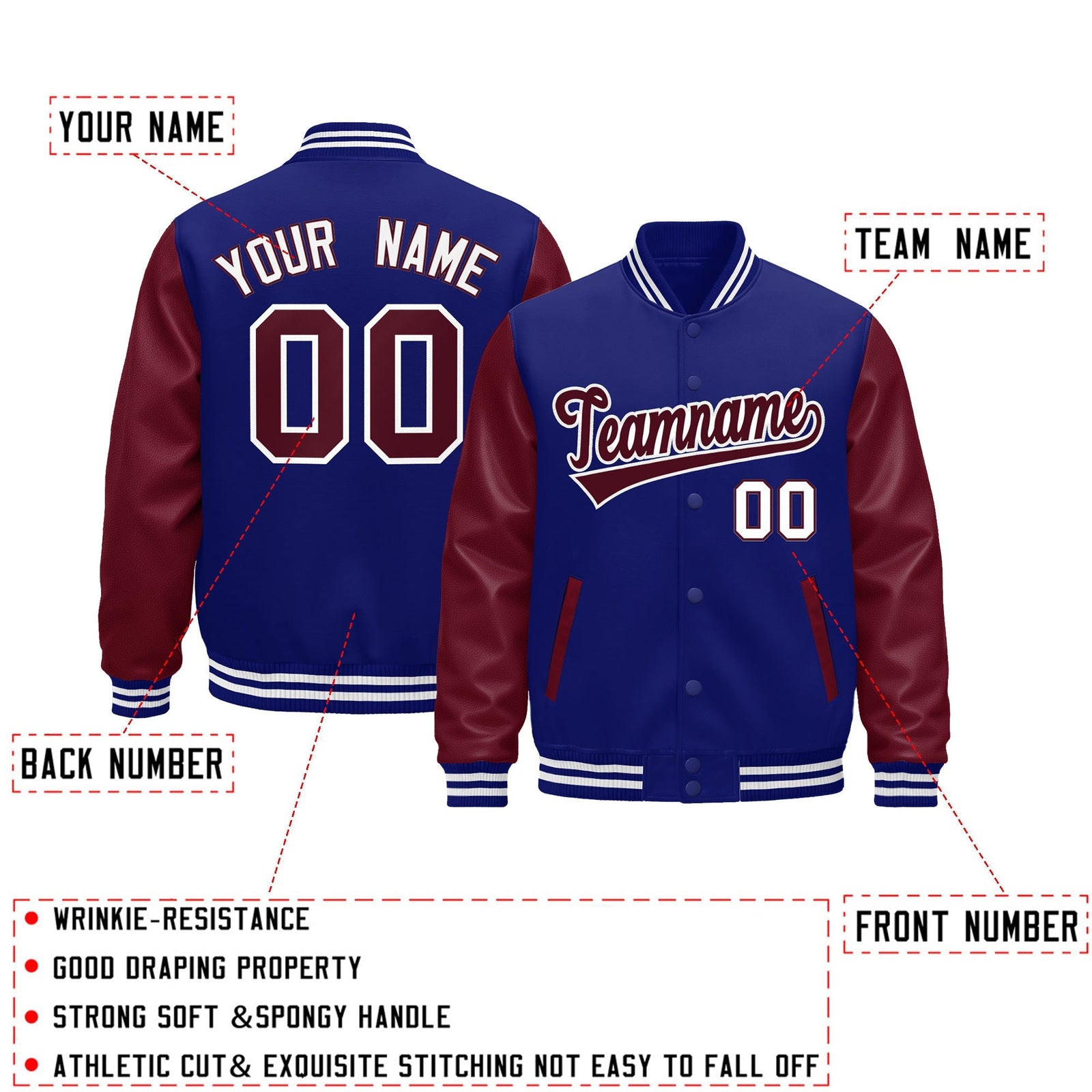 Custom Royal Blue Burgundy White Raglan Sleeves Varsity Full-Snap Leather Sleeves Letterman Jacket| KXKSHOP