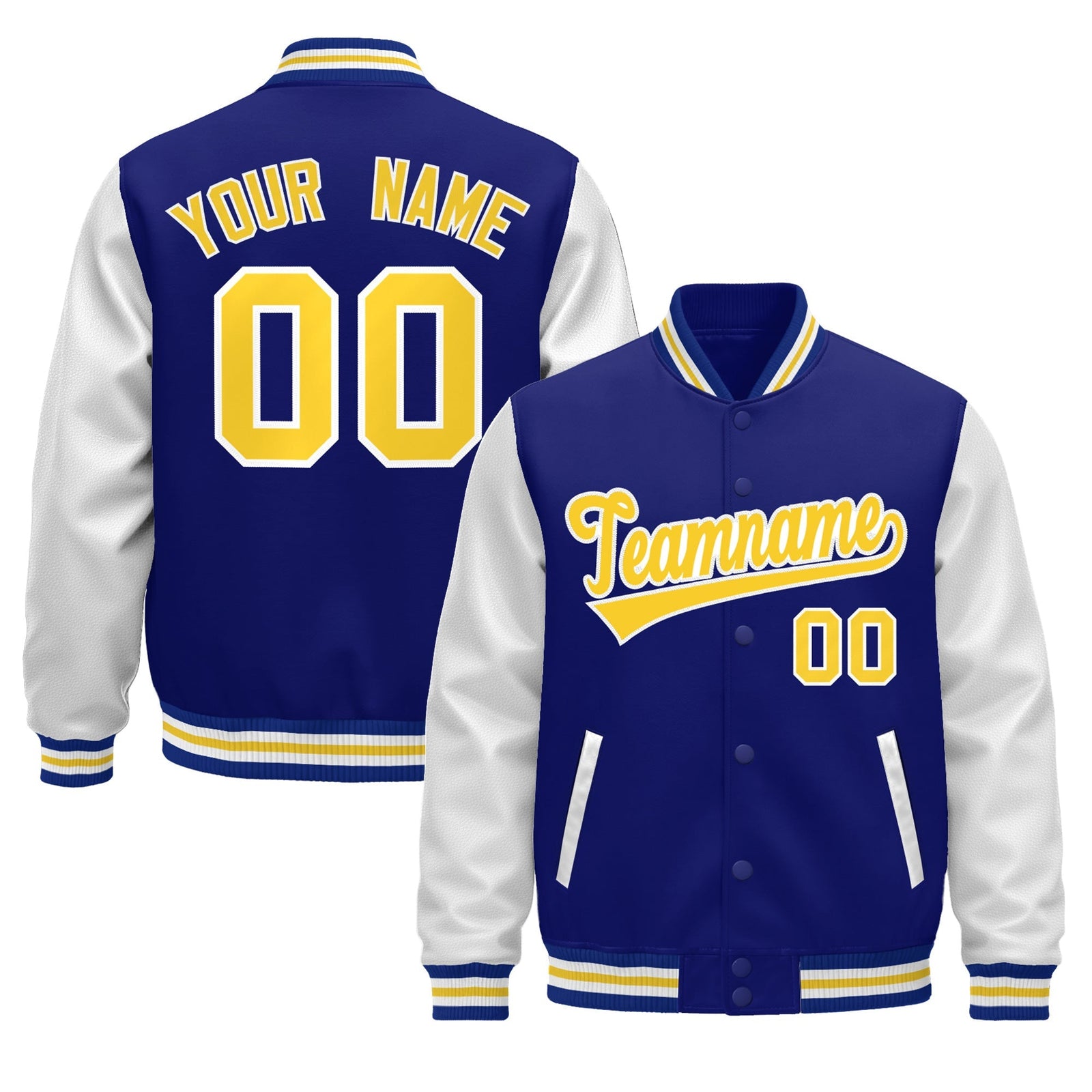 Custom Royal Blue White Gold Raglan Sleeves Varsity Full-Snap Leather Sleeves Letterman Jacket| KXKSHOP