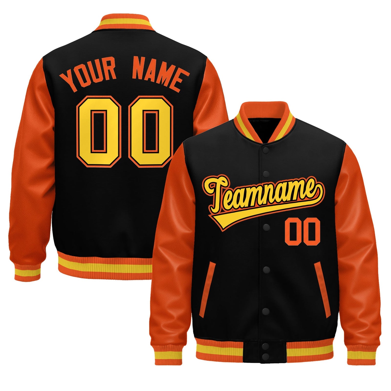 Custom Black Orange Gold Raglan Sleeves Varsity Full-Snap Leather Sleeves Letterman Jacket| KXKSHOP