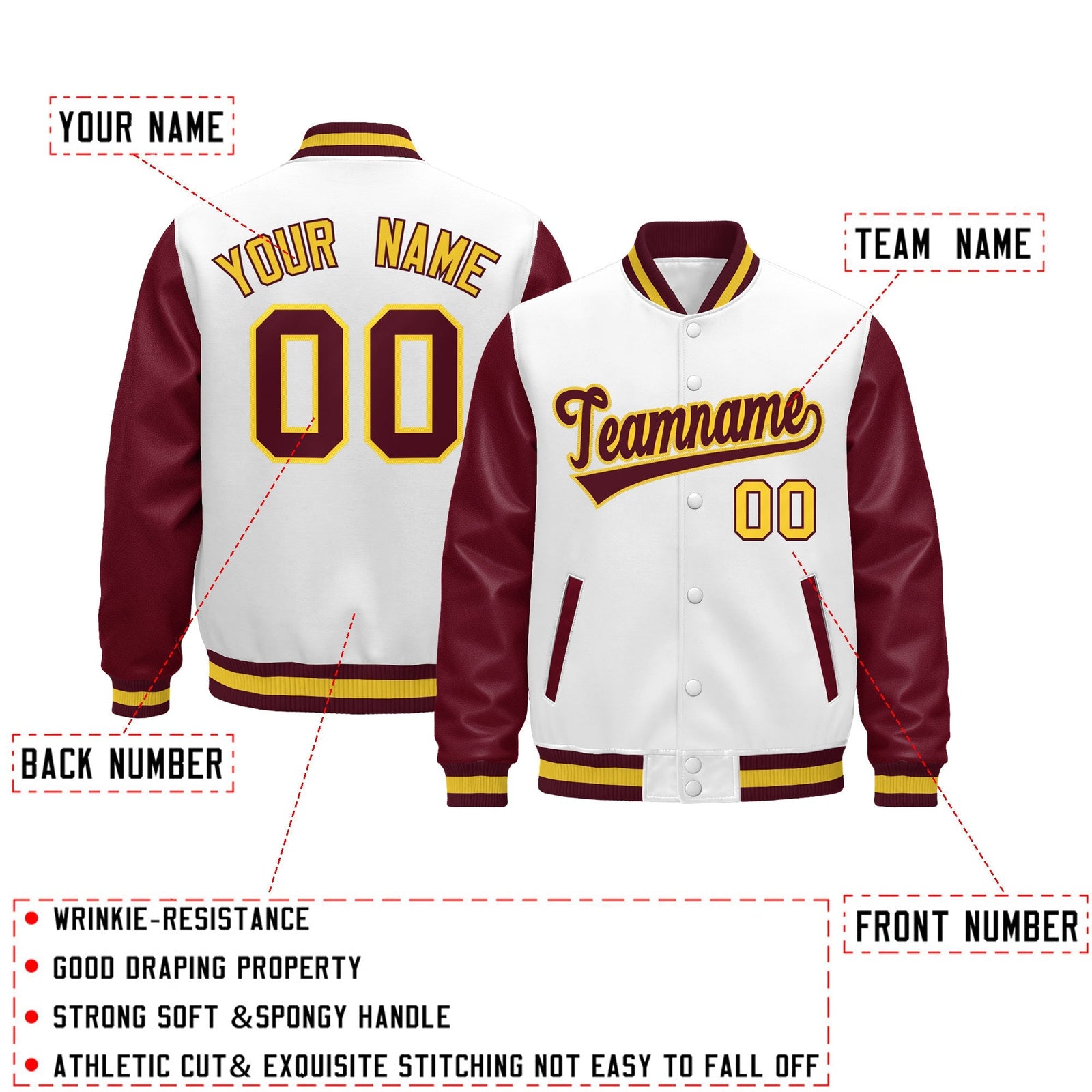 Custom Burgundy White Crimson Gold Raglan Sleeves Varsity Full-Snap Leather Sleeves Letterman Jacket| KXKSHOP