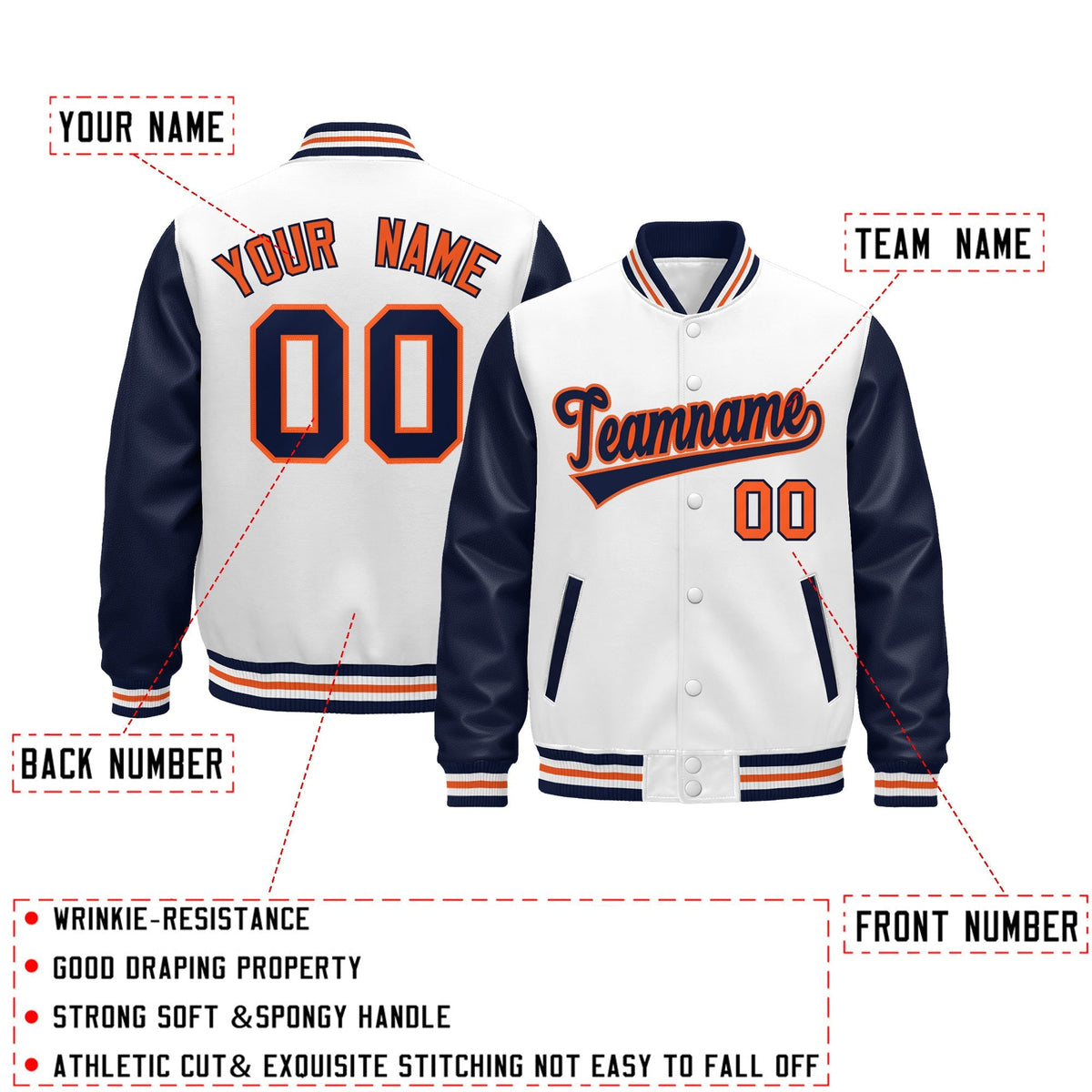 Custom Navy White Orange Raglan Sleeves Varsity Full-Snap Leather Sleeves Letterman Jacket| KXKSHOP