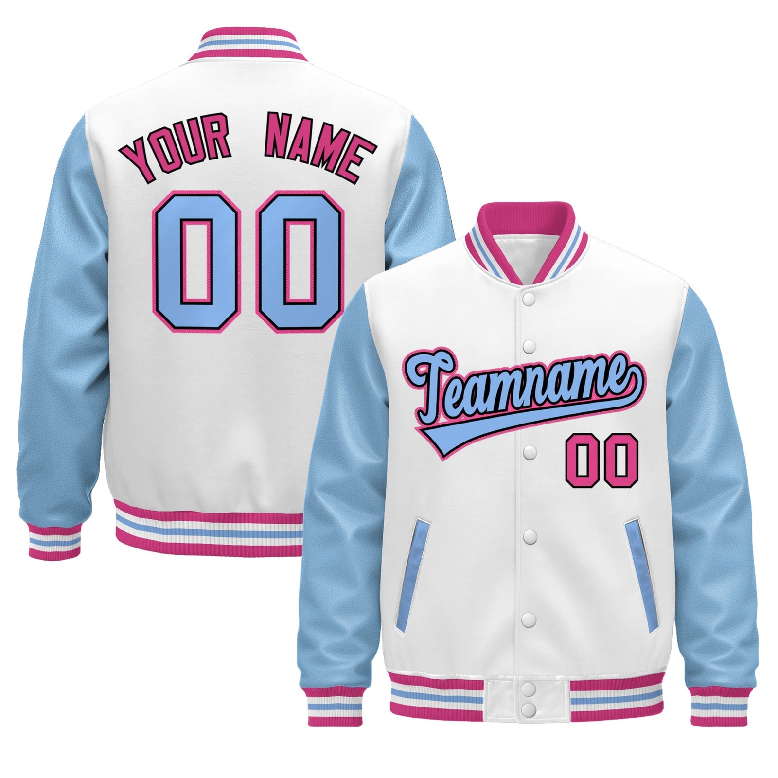 Custom White Light Blue Pink Raglan Sleeves Varsity Full-Snap Leather Sleeves Letterman Jacket| KXKSHOP