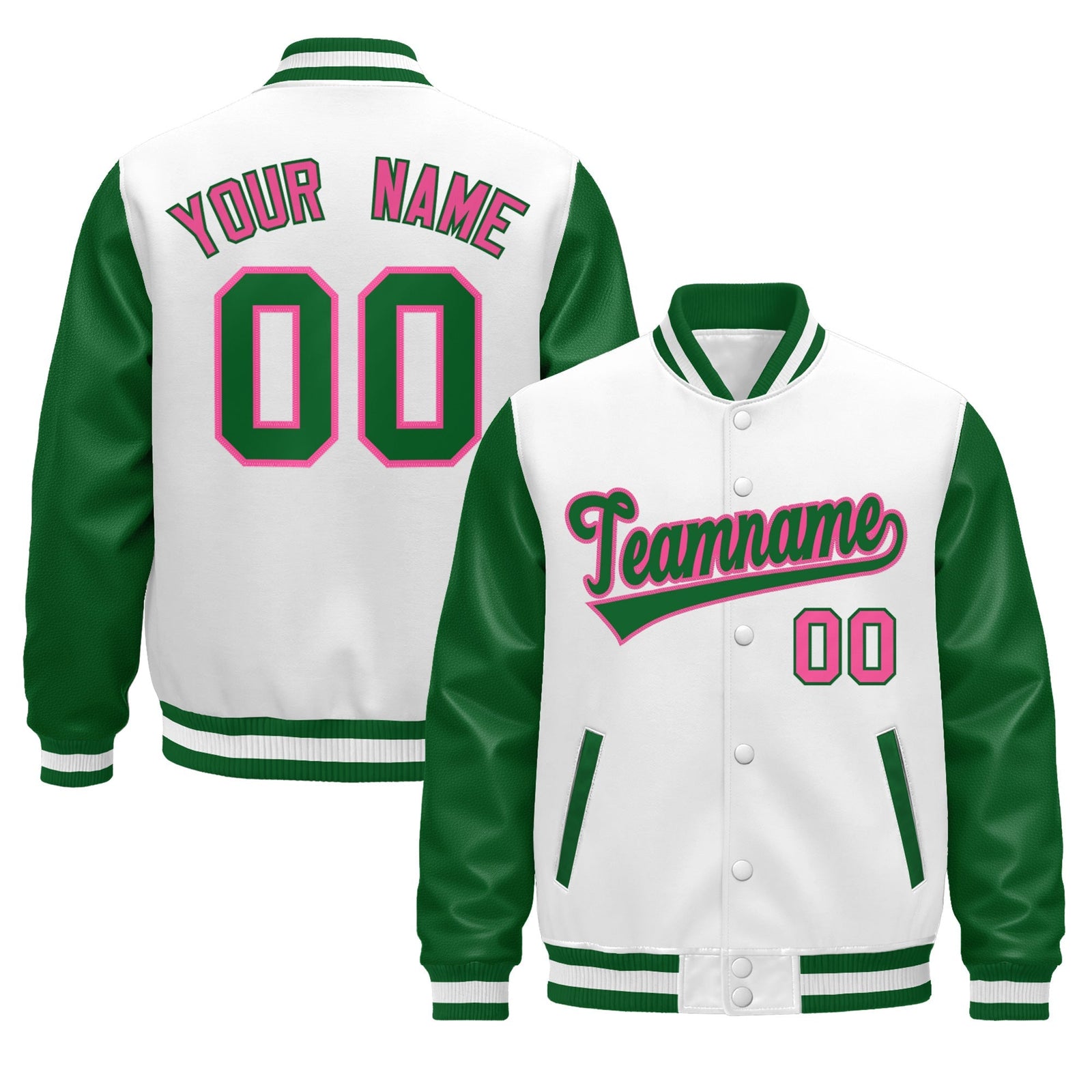Custom Kelly Green White Rose Red Raglan Sleeves Varsity Full-Snap Leather Sleeves Letterman Jacket| KXKSHOP