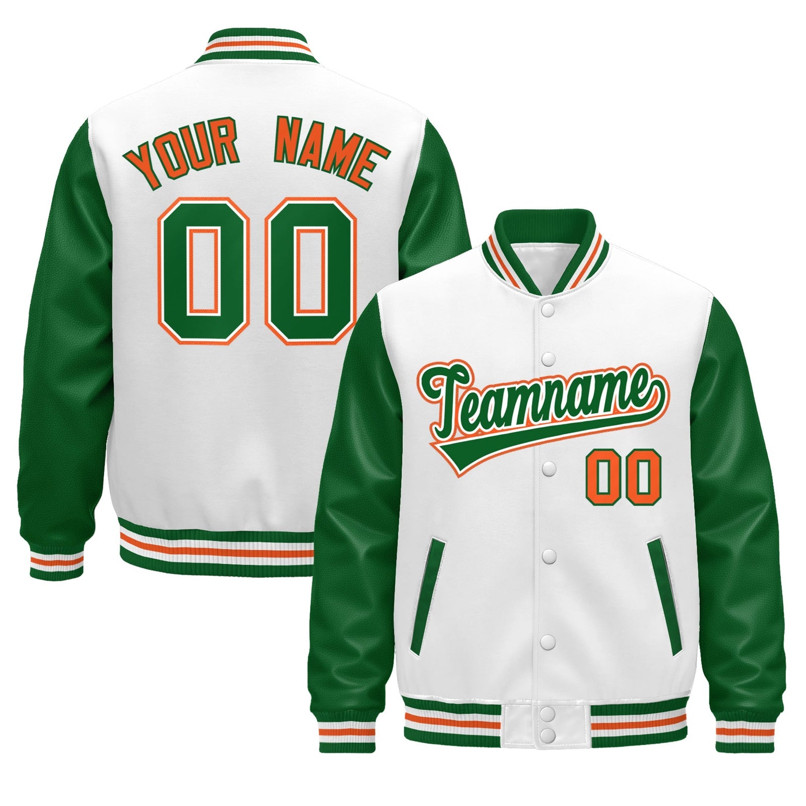 Custom White Kelly Green Orange Raglan Sleeves Varsity Full-Snap Leather Sleeves Letterman Jacket| KXKSHOP