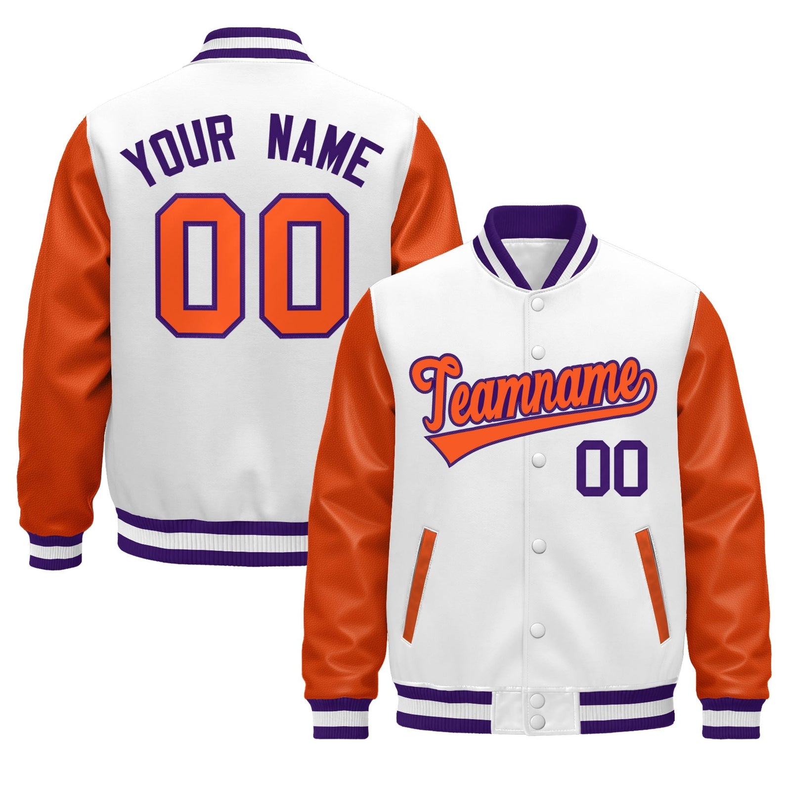 Custom Orange Purple White Raglan Sleeves Varsity Full-Snap Leather Sleeves Letterman Jacket| KXKSHOP