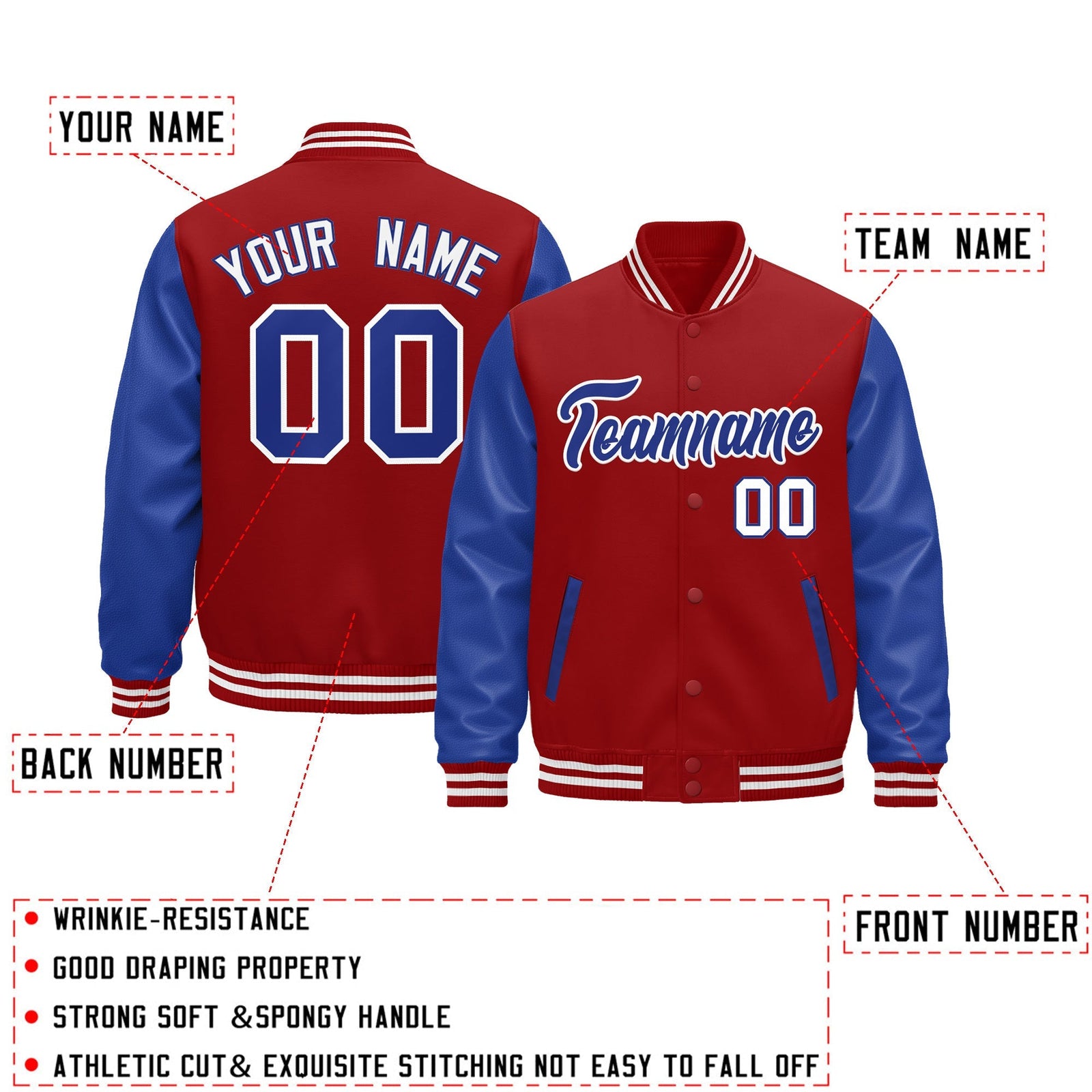 Custom Cream Royal Blue Red Raglan Sleeves Varsity Full-Snap Leather Sleeves Letterman Jacket| KXKSHOP