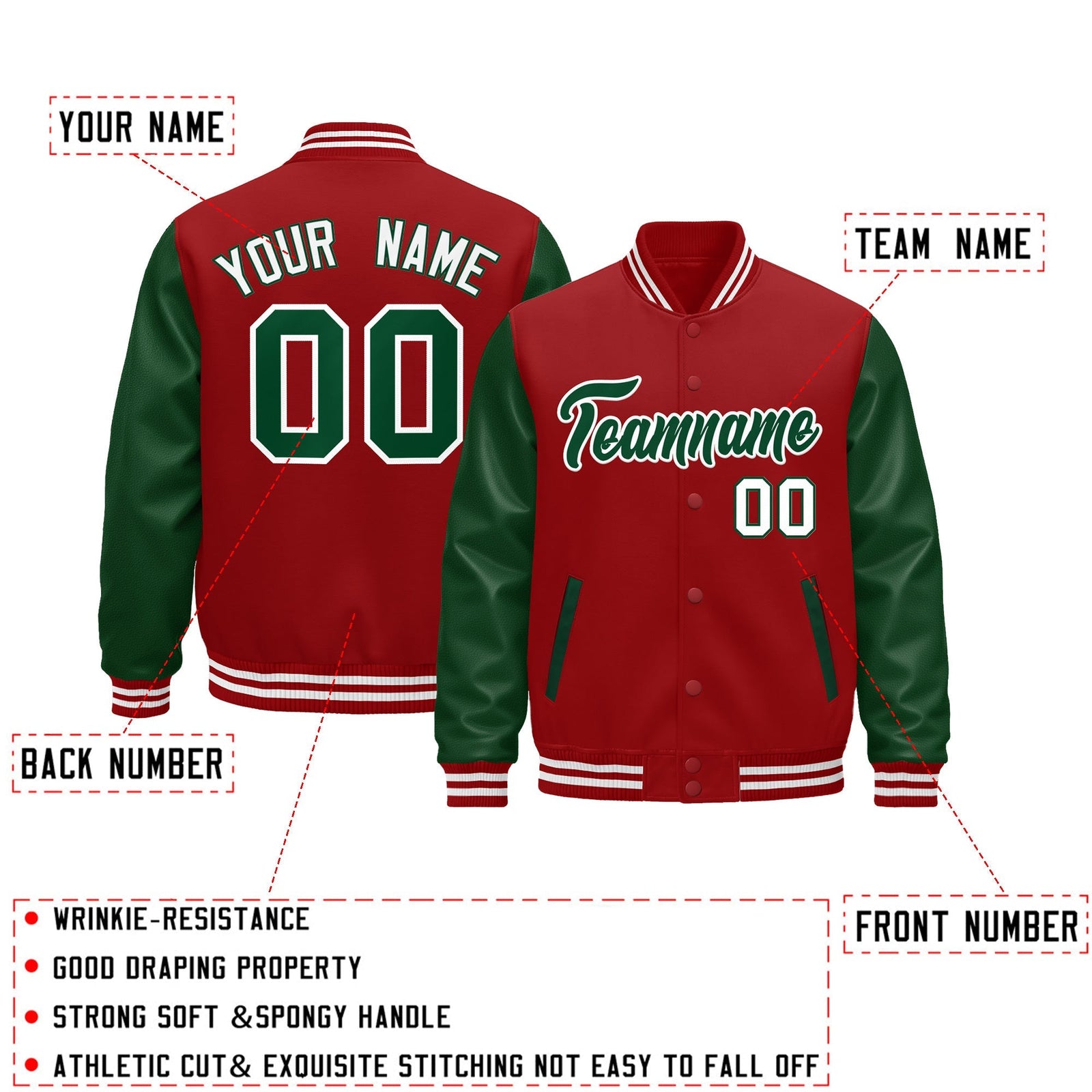 Custom Cream Dark Green Red Raglan Sleeves Varsity Full-Snap Leather Sleeves Letterman Jacket| KXKSHOP