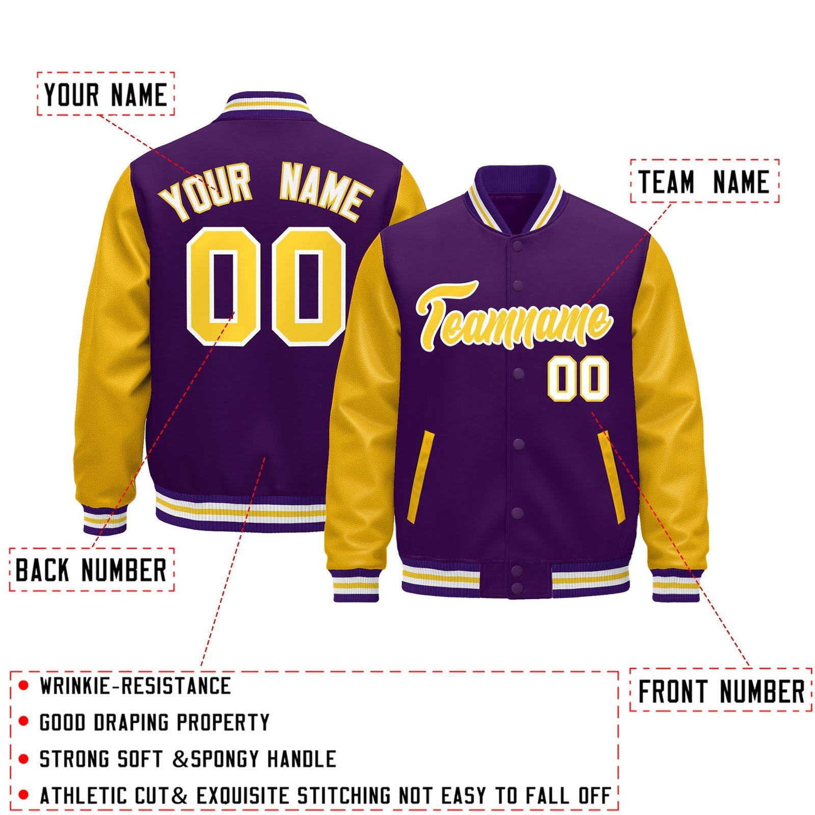 Custom Purple Gold White Raglan Sleeves Varsity Full-Snap Leather Sleeves Letterman Jacket| KXKSHOP