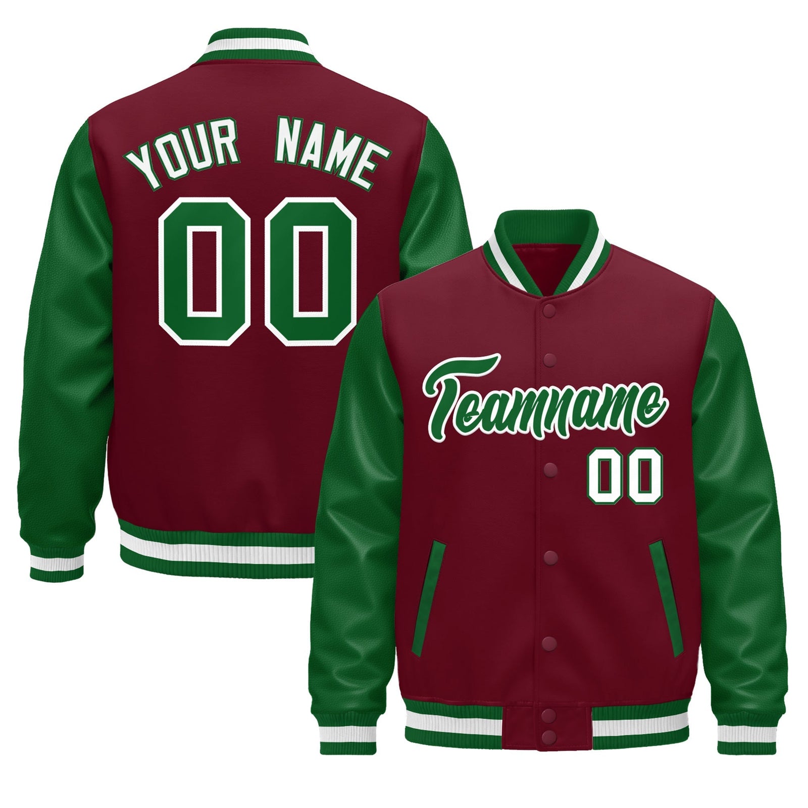 Custom Crimson Kelly Green White Raglan Sleeves Varsity Full-Snap Leather Sleeves Letterman Jacket| KXKSHOP