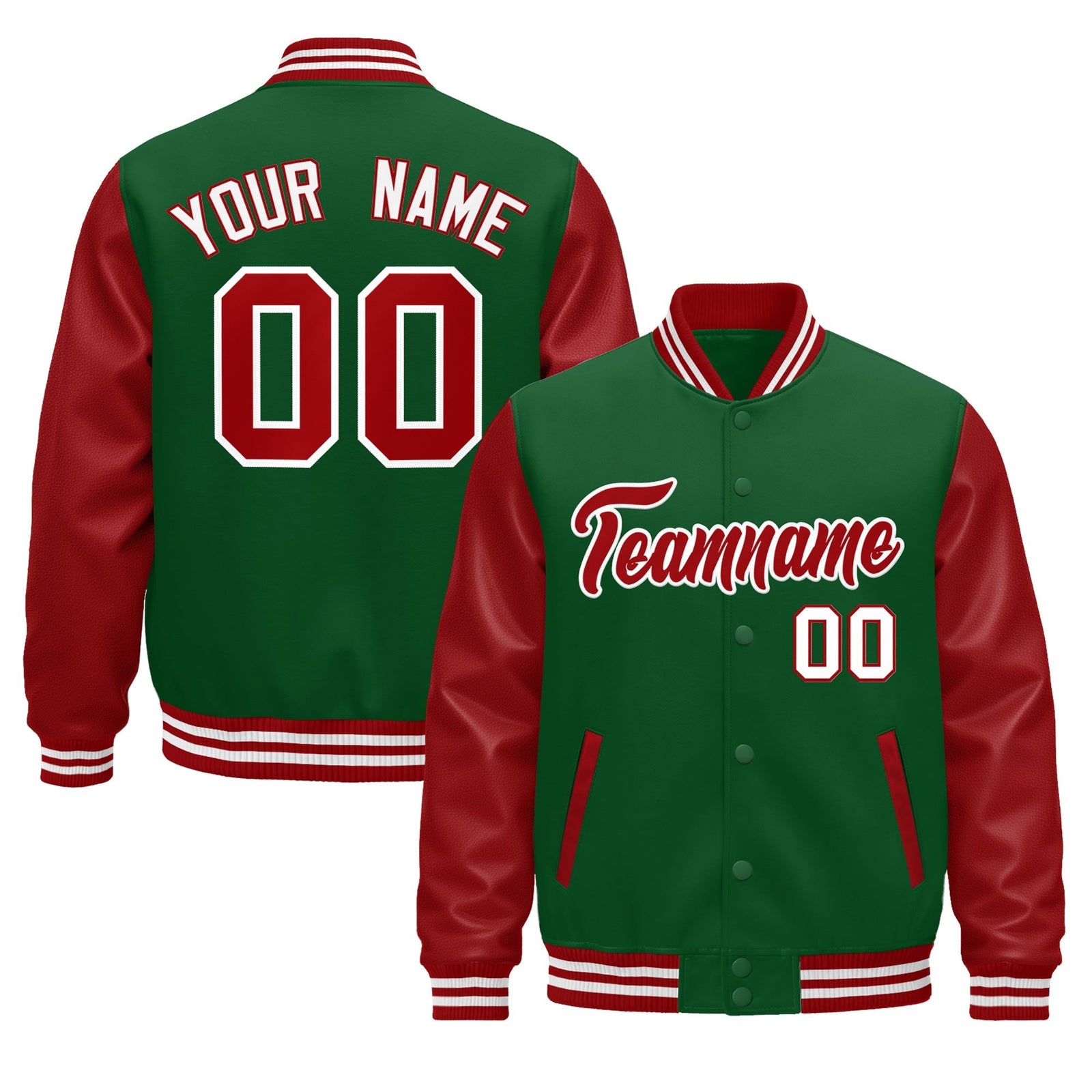 Custom Kelly Green Red White Raglan Sleeves Varsity Full-Snap Leather Sleeves Letterman Jacket| KXKSHOP