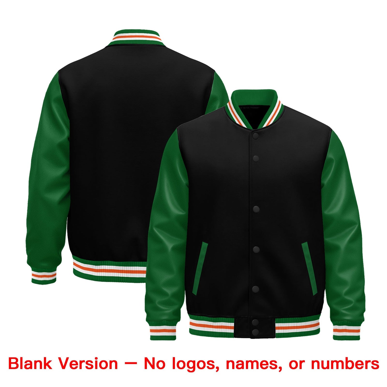 Custom Black Kelly Green White Orange Raglan Sleeves Varsity Full-Snap Leather Sleeves Letterman Jacket| KXKSHOP
