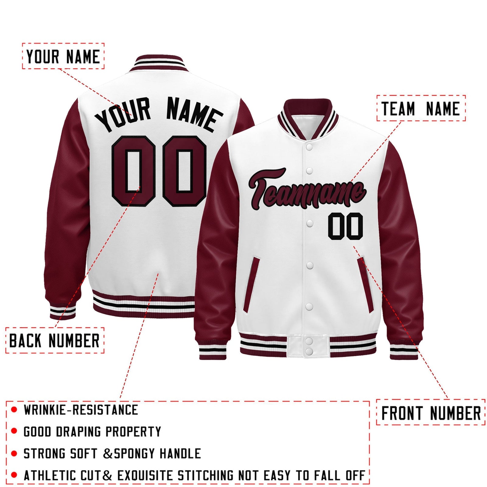 Custom Burgundy White Crimson Black Raglan Sleeves Varsity Full-Snap Leather Sleeves Letterman Jacket| KXKSHOP