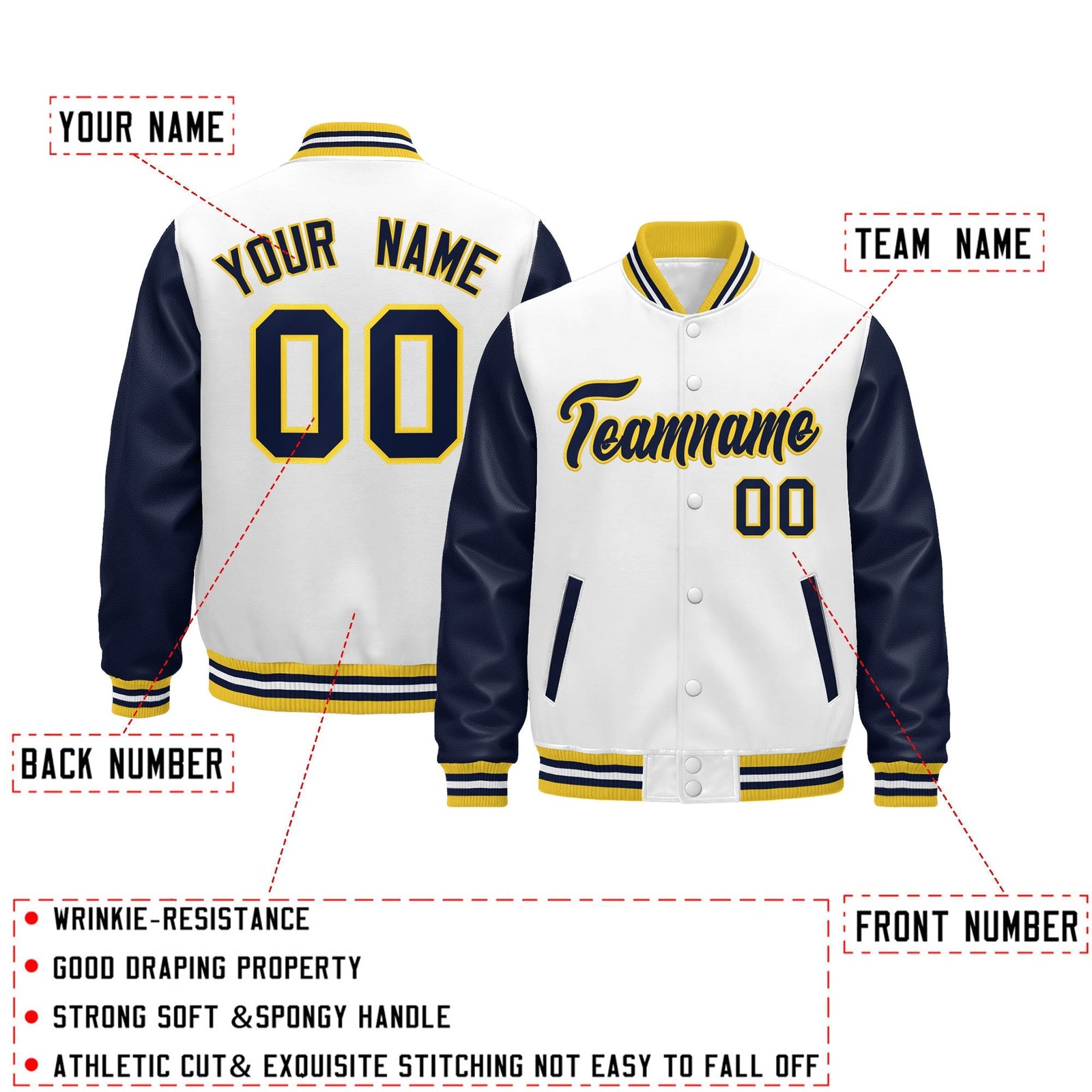 Custom Navy White Gold Raglan Sleeves Varsity Full-Snap Leather Sleeves Letterman Jacket| KXKSHOP
