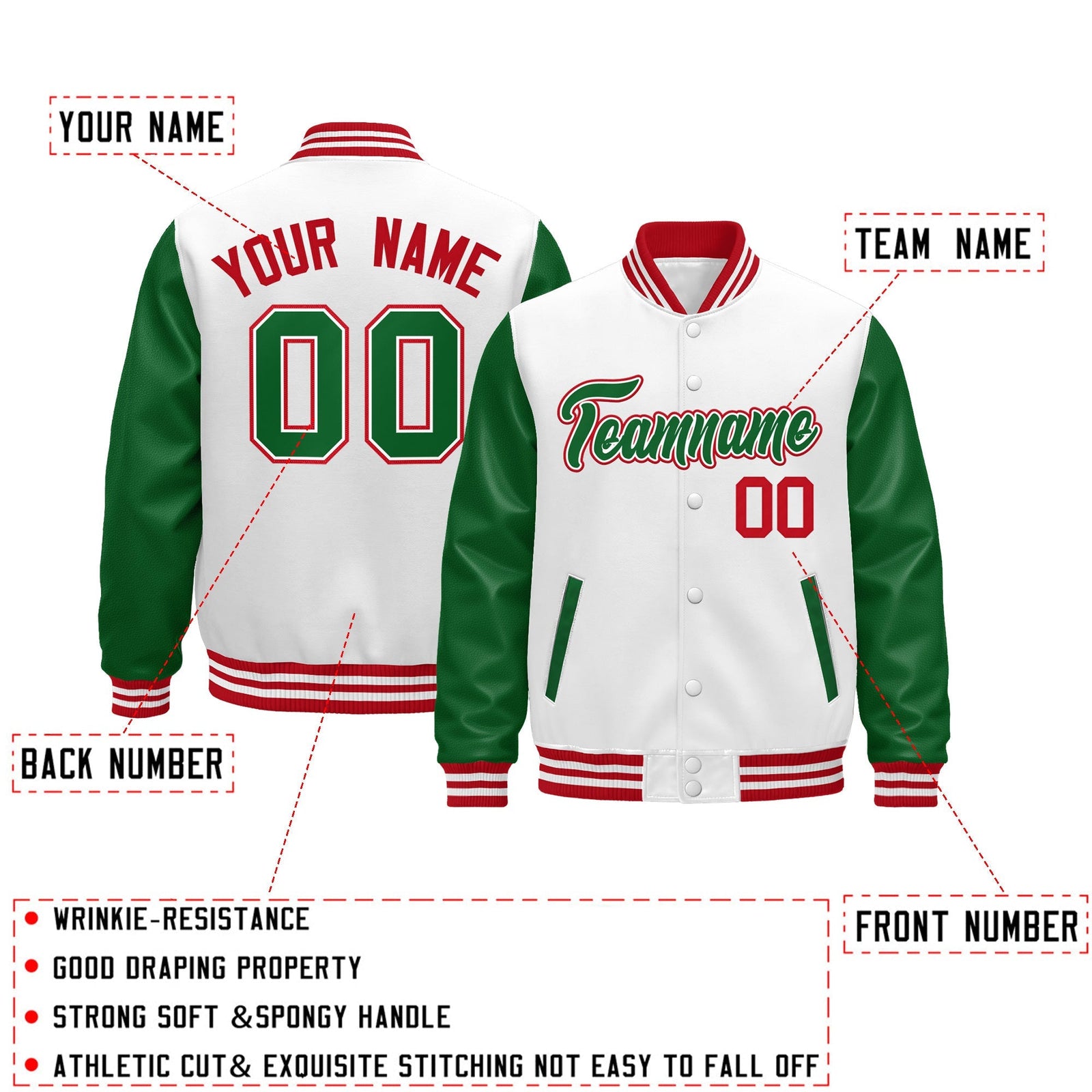 Custom Kelly Green White Red Raglan Sleeves Varsity Full-Snap Leather Sleeves Letterman Jacket| KXKSHOP