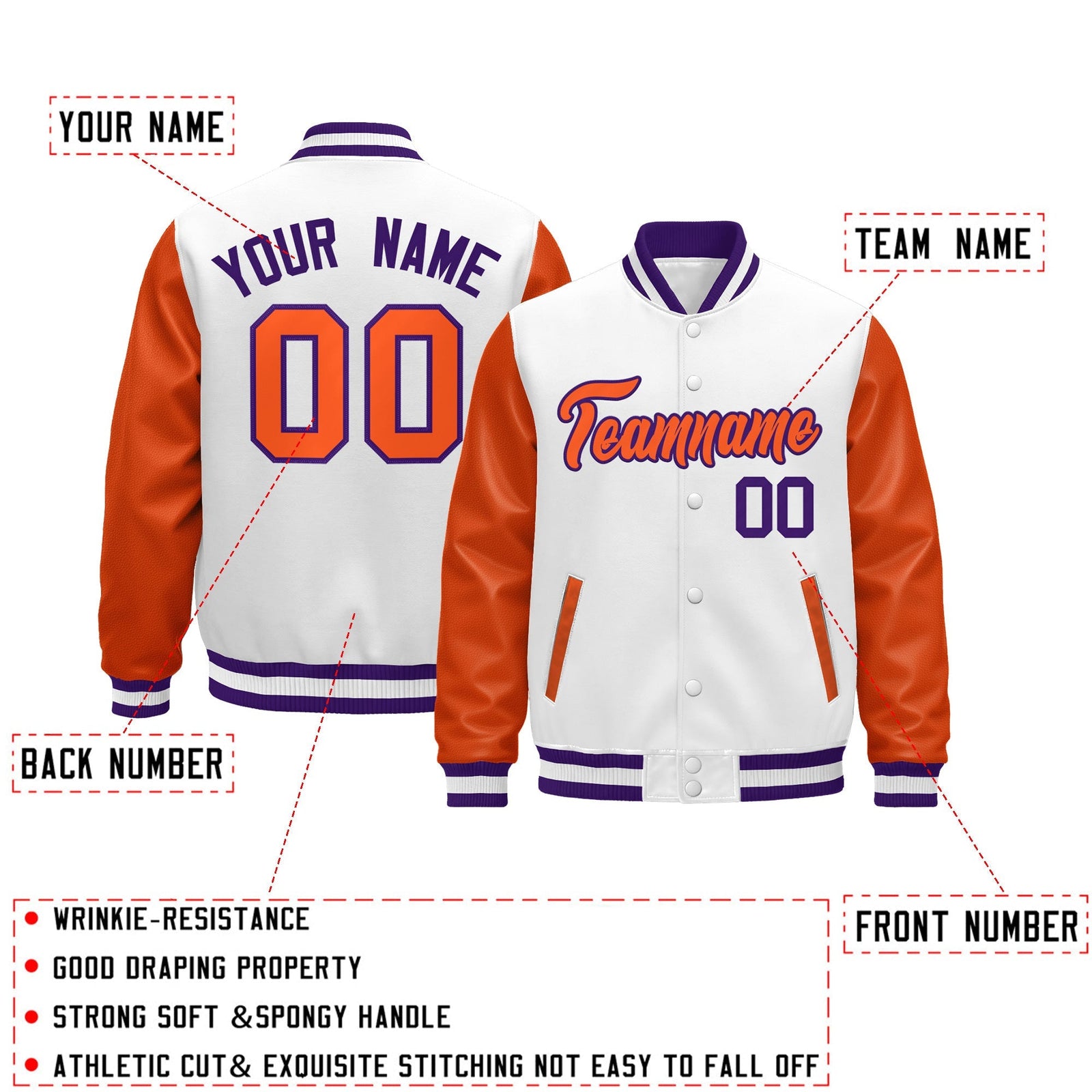 Custom Orange Purple White Raglan Sleeves Varsity Full-Snap Leather Sleeves Letterman Jacket| KXKSHOP