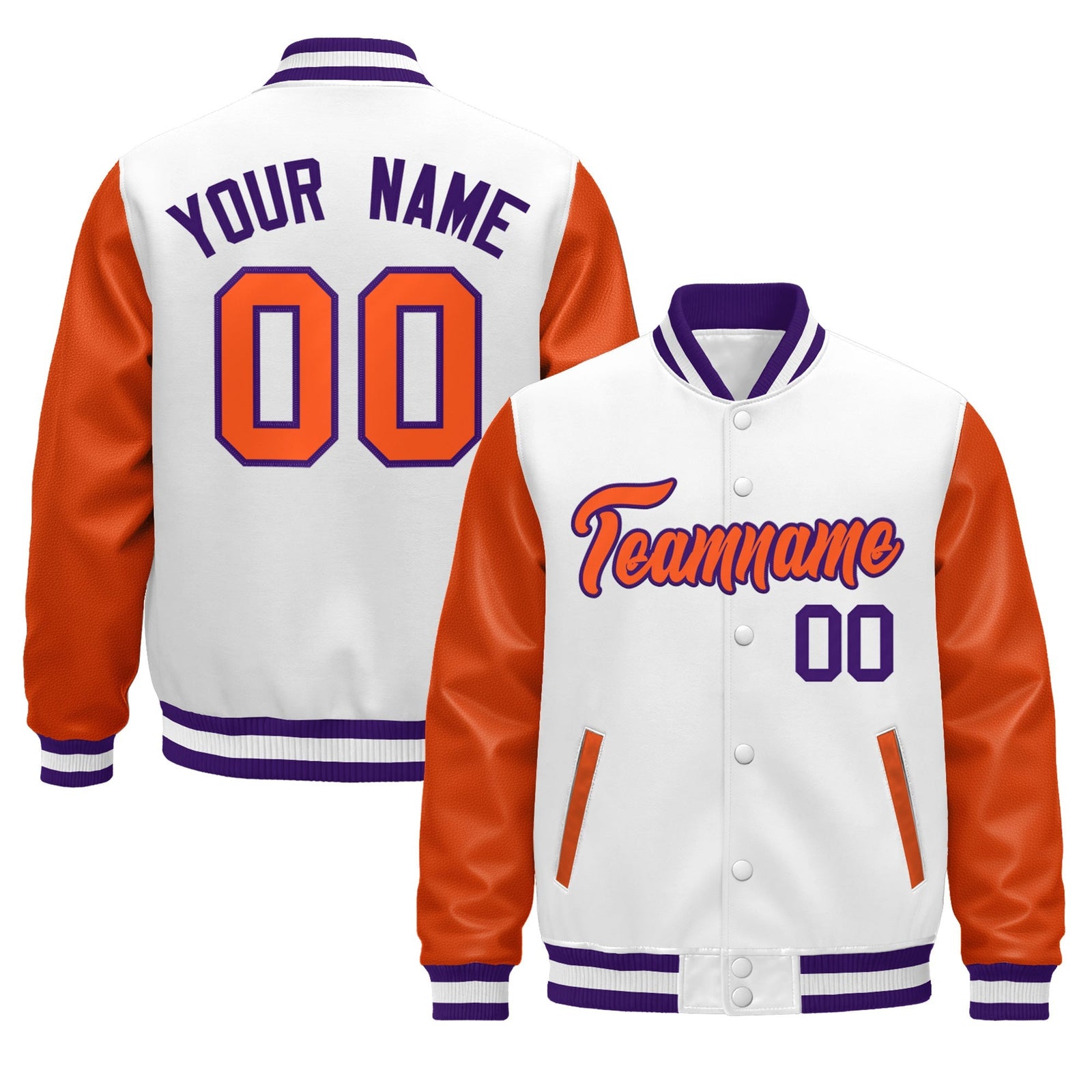Custom Orange Purple White Raglan Sleeves Varsity Full-Snap Leather Sleeves Letterman Jacket| KXKSHOP