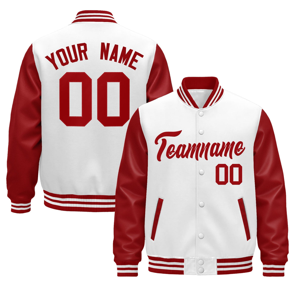 Custom Red White Raglan Sleeves Varsity Full-Snap Leather Sleeves Letterman Jacket| KXKSHOP