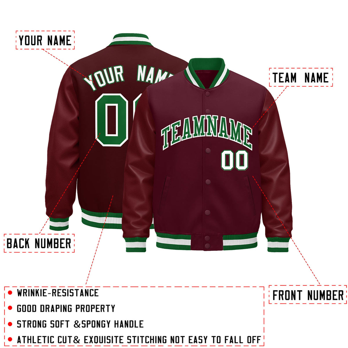 Custom Burgundy White Classic Style Leather Sleeves Wrinkle-Resistant Jacket| KXKSHOP