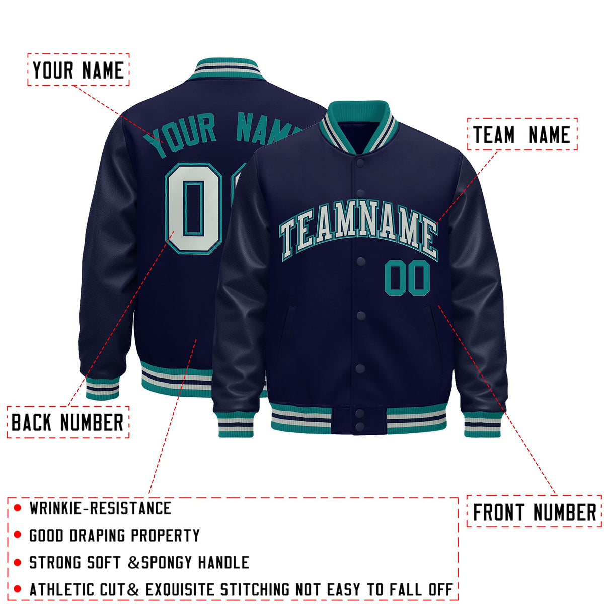 Custom Navy Teal Gray Classic Style Leather Sleeves Wrinkle-Resistant Jacket| KXKSHOP