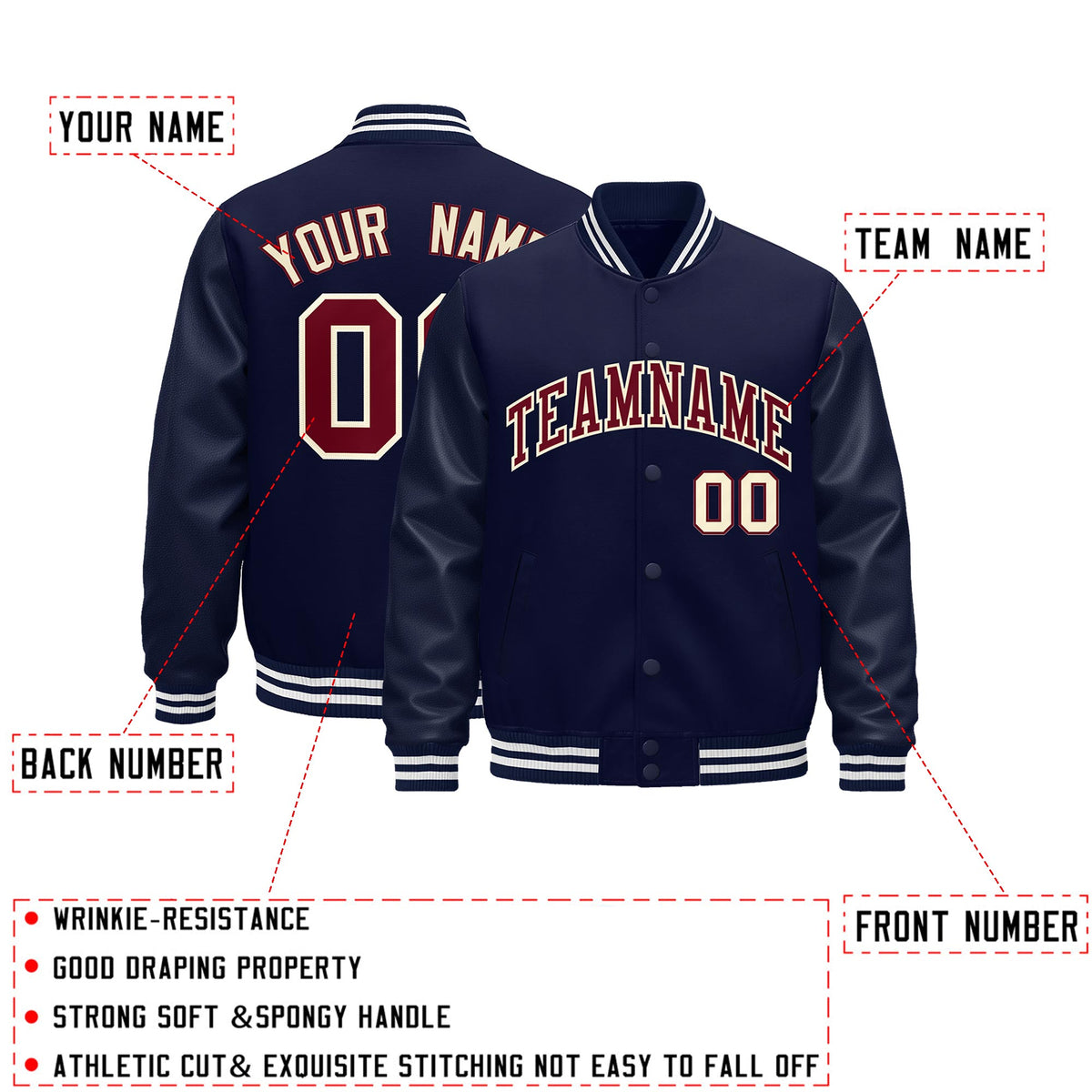 Custom Navy Cream Classic Style Leather Sleeves Wrinkle-Resistant Jacket| KXKSHOP