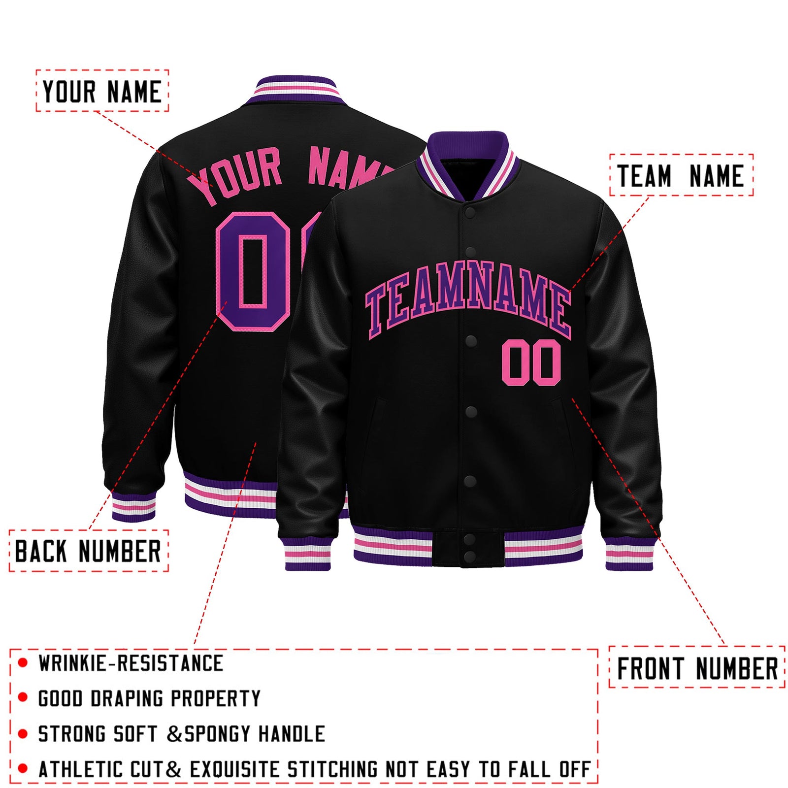 Custom Black Purple Pink Classic Style Leather Sleeves Wrinkle-Resistant Jacket| KXKSHOP