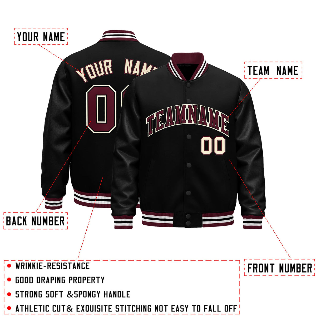 Custom Black Crimson White Classic Style Leather Sleeves Wrinkle-Resistant Jacket| KXKSHOP