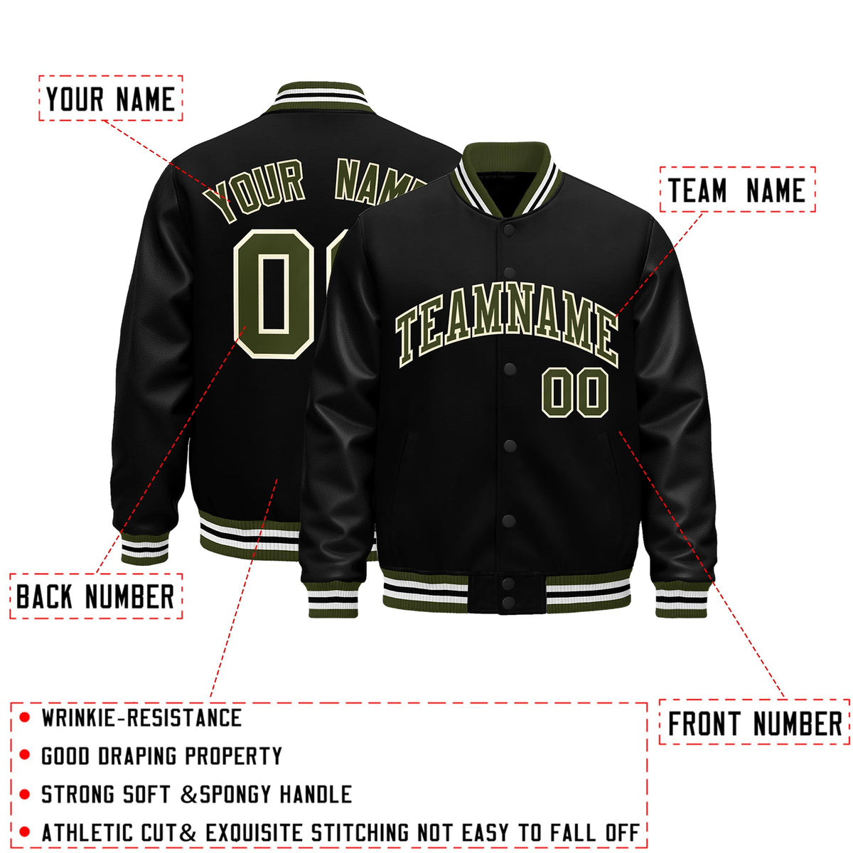 Custom Black Olive White Classic Style Leather Sleeves Wrinkle-Resistant Jacket| KXKSHOP