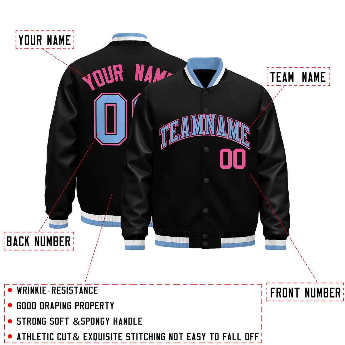 Custom Black Light Blue White Classic Style Leather Sleeves Wrinkle-Resistant Jacket| KXKSHOP