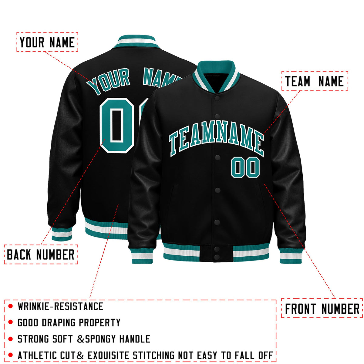 Custom Black Aqua White Classic Style Leather Sleeves Wrinkle-Resistant Jacket| KXKSHOP