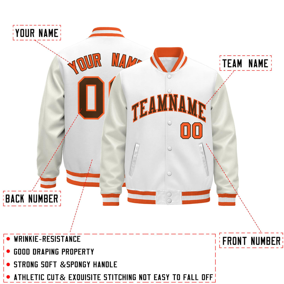 Custom White Orange Classic Style Leather Sleeves Wrinkle-Resistant Jacket| KXKSHOP