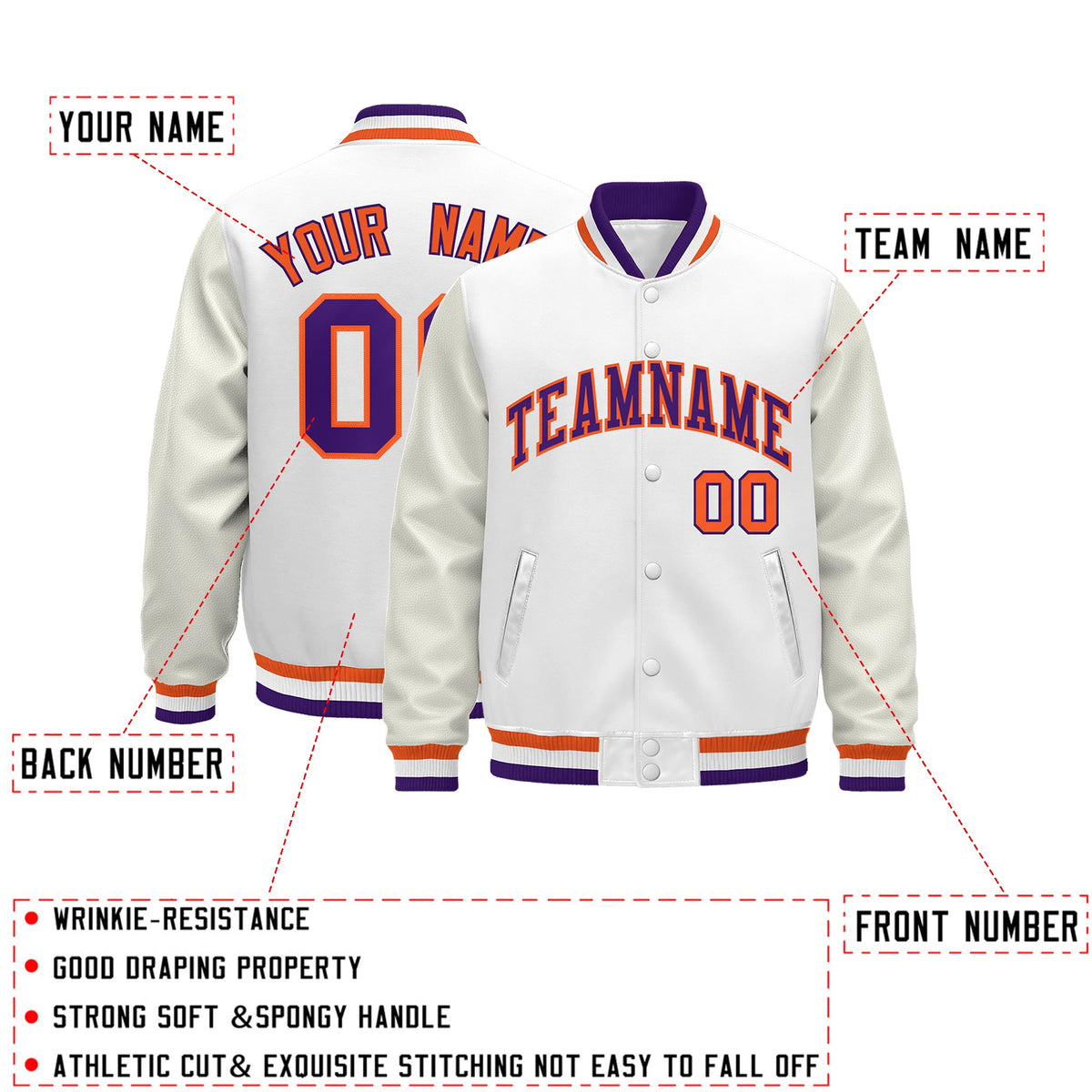 Custom White Purple Orange Classic Style Leather Sleeves Wrinkle-Resistant Jacket| KXKSHOP