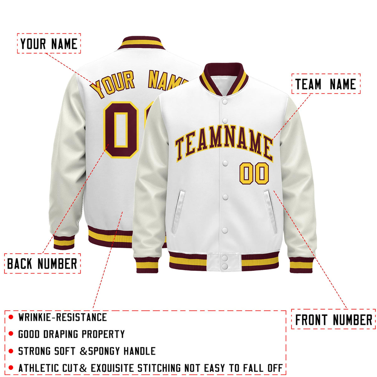Custom White Crimson Gold Classic Style Leather Sleeves Wrinkle-Resistant Jacket| KXKSHOP