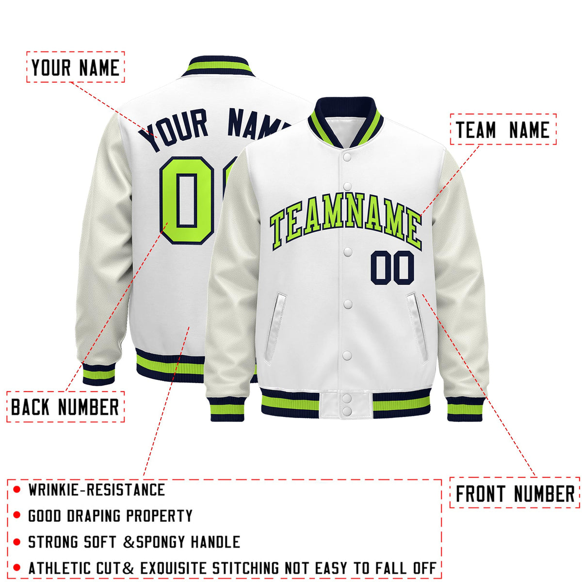 Custom White Navy Neon Green Classic Style Leather Sleeves Wrinkle-Resistant Jacket| KXKSHOP