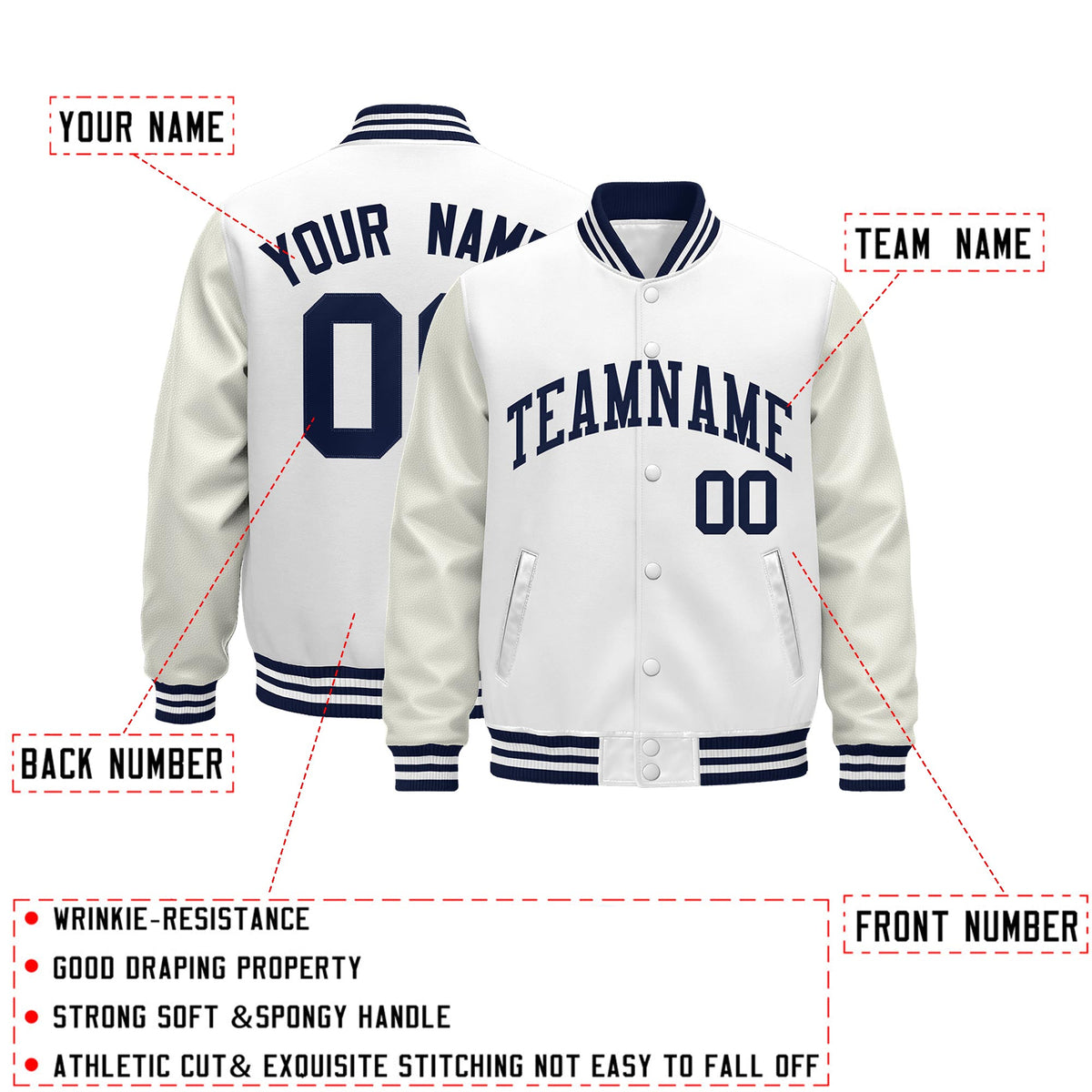 Custom White Navy Classic Style Leather Sleeves Wrinkle-Resistant Jacket| KXKSHOP