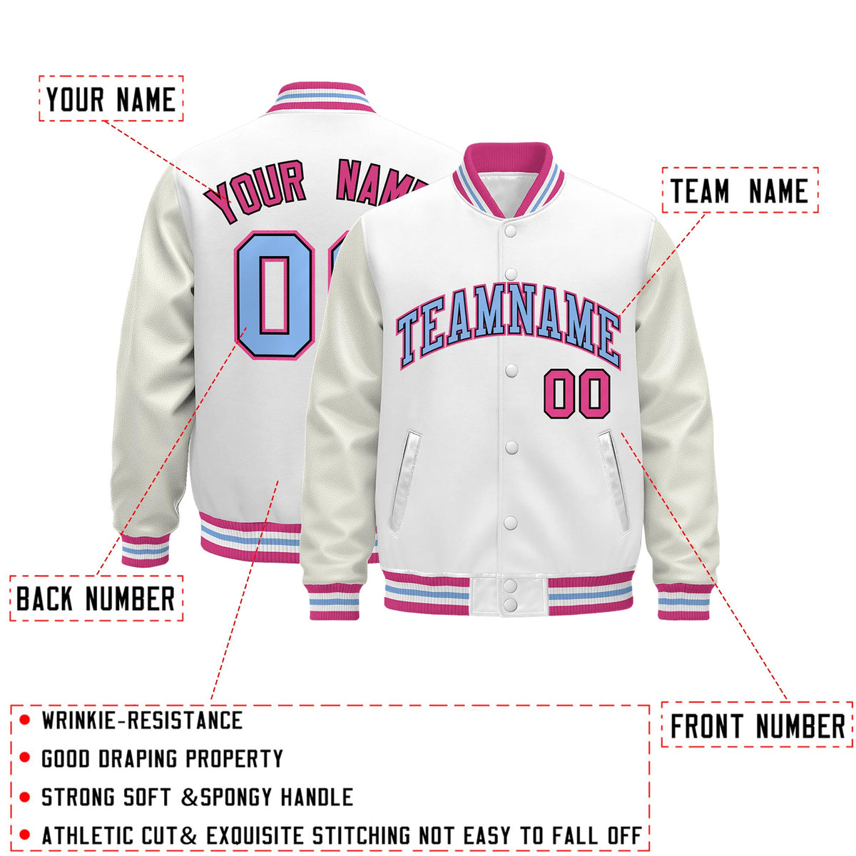 Custom White Pink Light Blue Classic Style Leather Sleeves Wrinkle-Resistant Jacket| KXKSHOP
