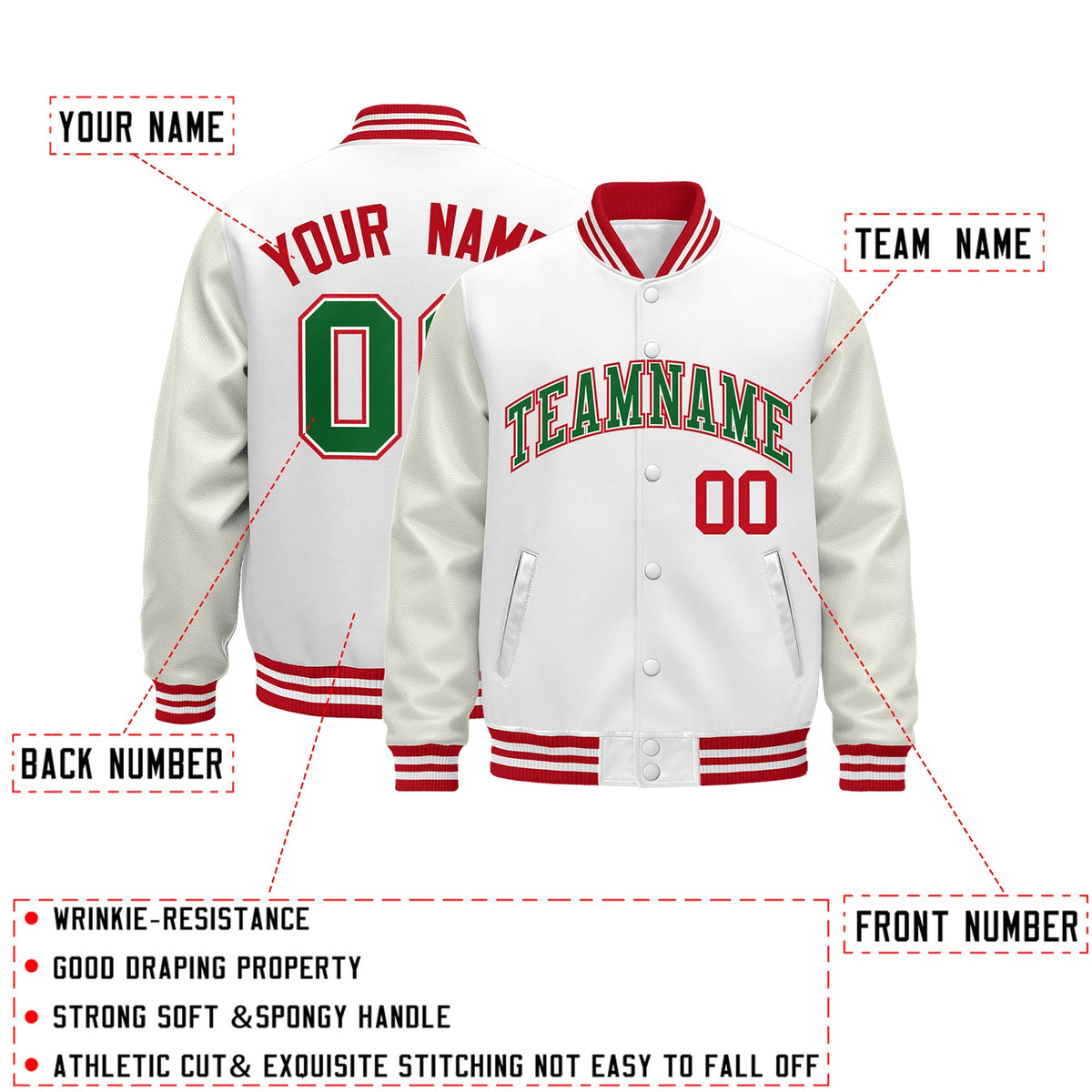 Custom White Red Classic Style Leather Sleeves Wrinkle-Resistant Jacket| KXKSHOP