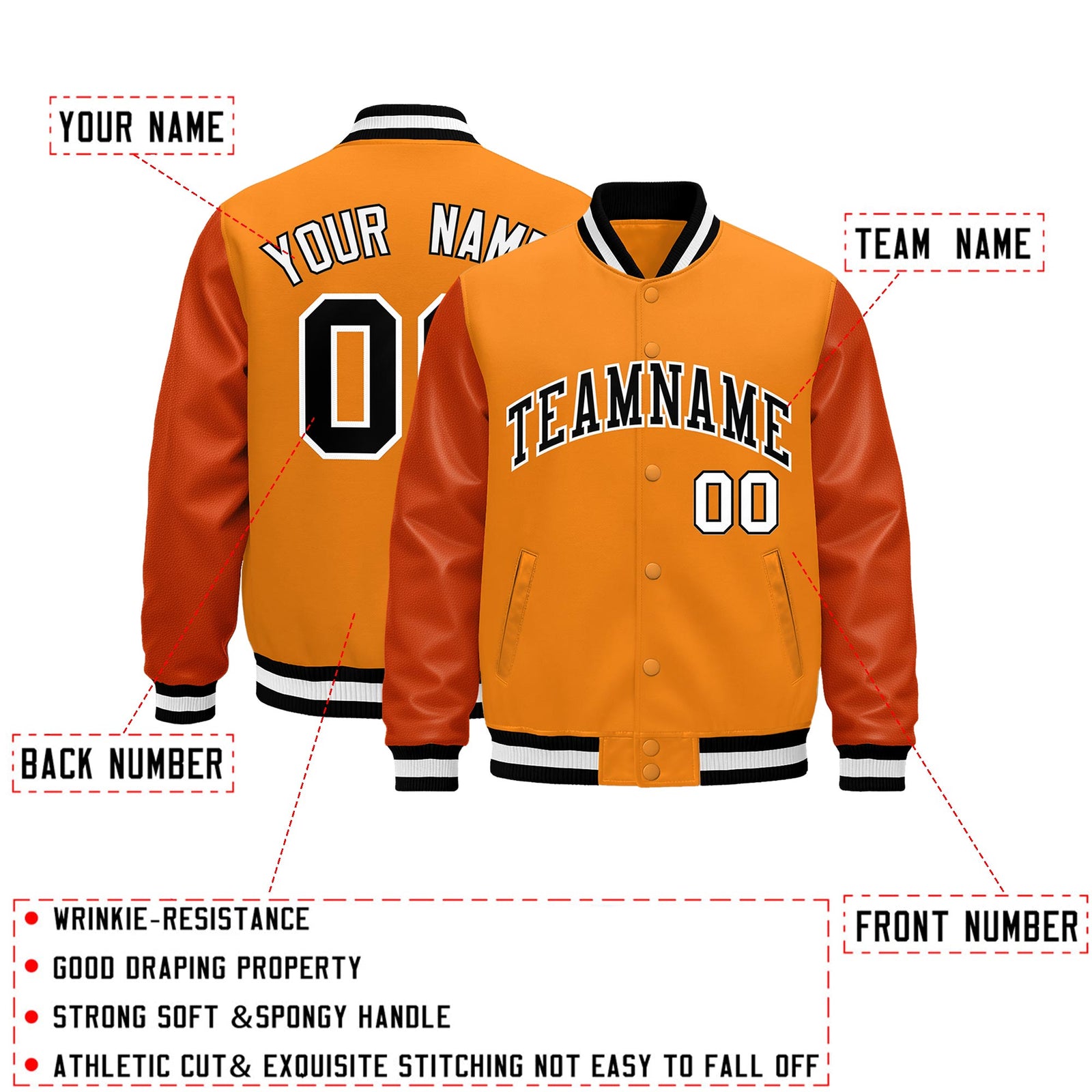 Custom Orange Black White Classic Style Leather Sleeves Wrinkle-Resistant Jacket| KXKSHOP
