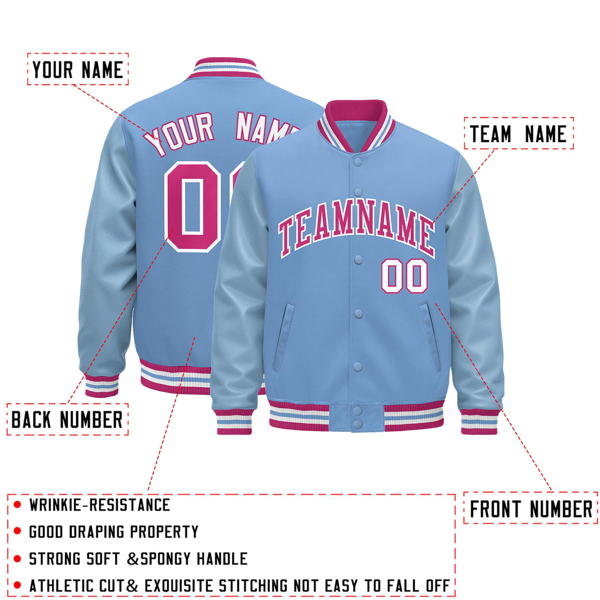 Custom Powder Blue Pink White Classic Style Leather Sleeves Wrinkle-Resistant Jacket| KXKSHOP