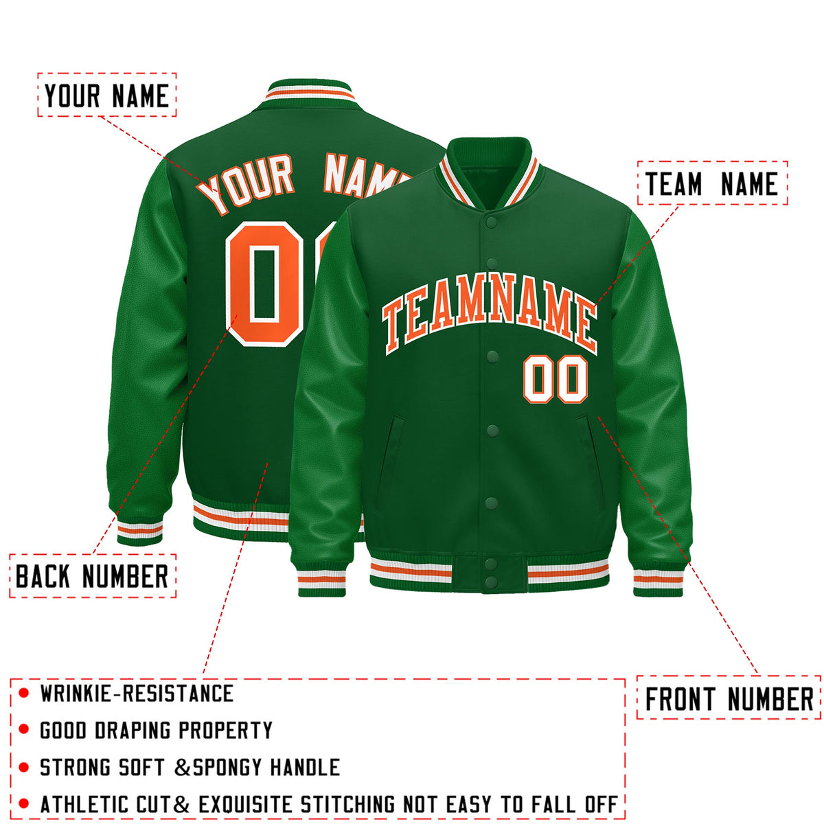 Custom Kelly Green White Orange Classic Style Leather Sleeves Wrinkle-Resistant Jacket| KXKSHOP