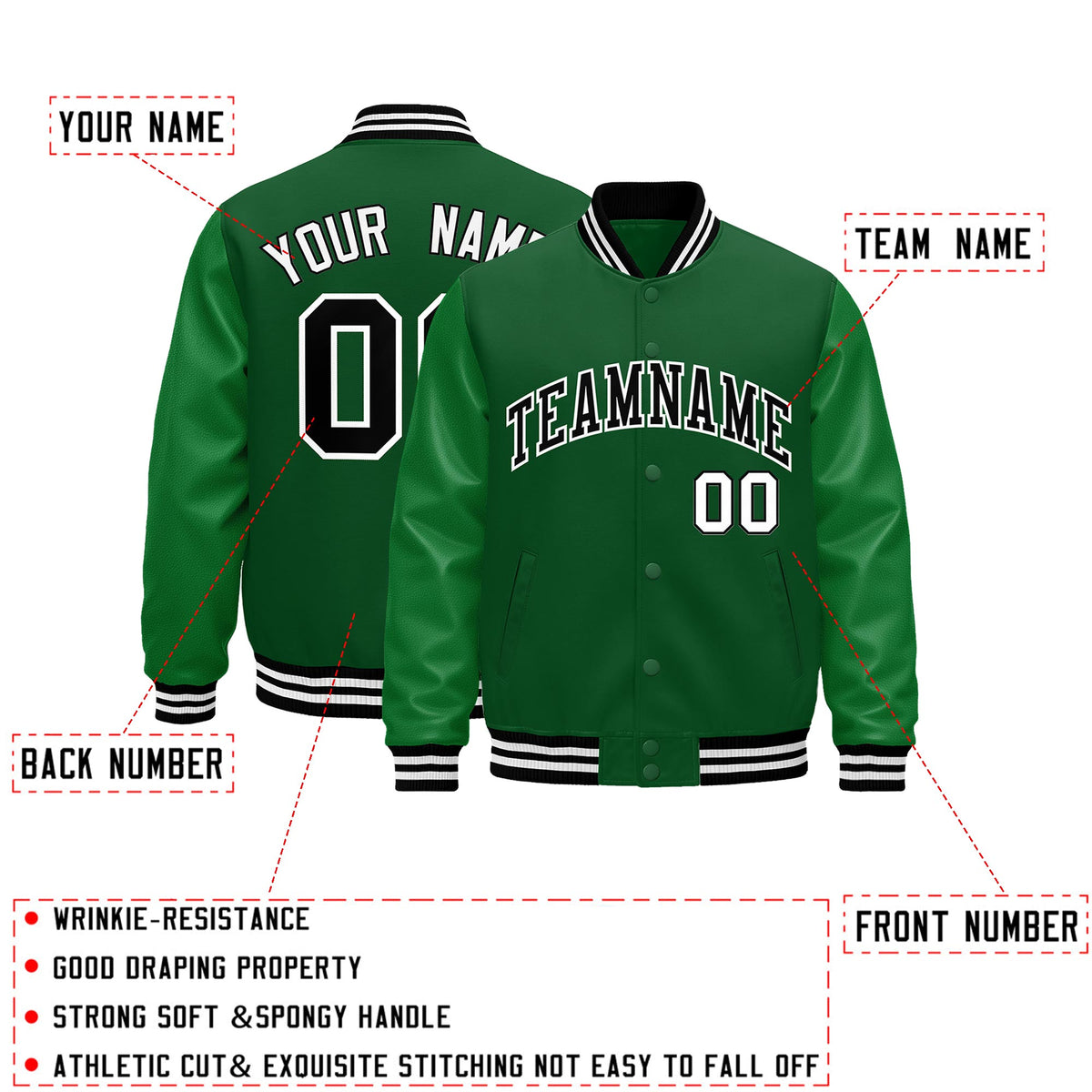Custom Kelly Green Black White Classic Style Leather Sleeves Wrinkle-Resistant Jacket| KXKSHOP