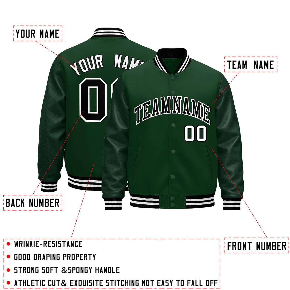 Custom Green Black White Classic Style Leather Sleeves Wrinkle-Resistant Jacket| KXKSHOP