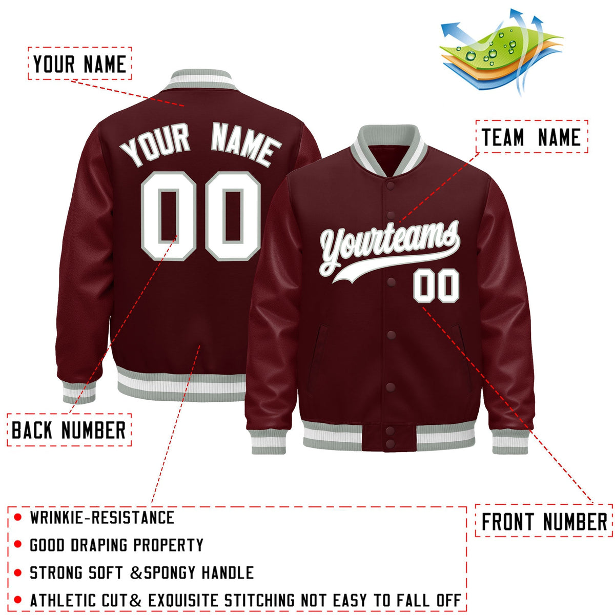 Custom Burgundy White Classic Style Leather Sleeves Wrinkle-Resistant Jacket| KXKSHOP