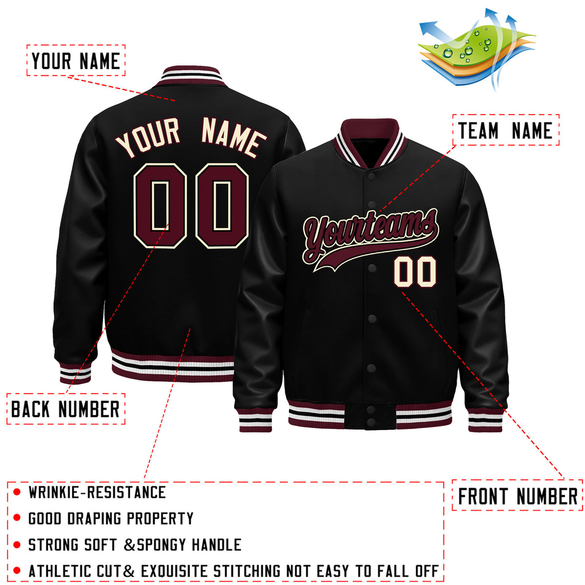 Custom Black Crimson White Classic Style Leather Sleeves Wrinkle-Resistant Jacket| KXKSHOP