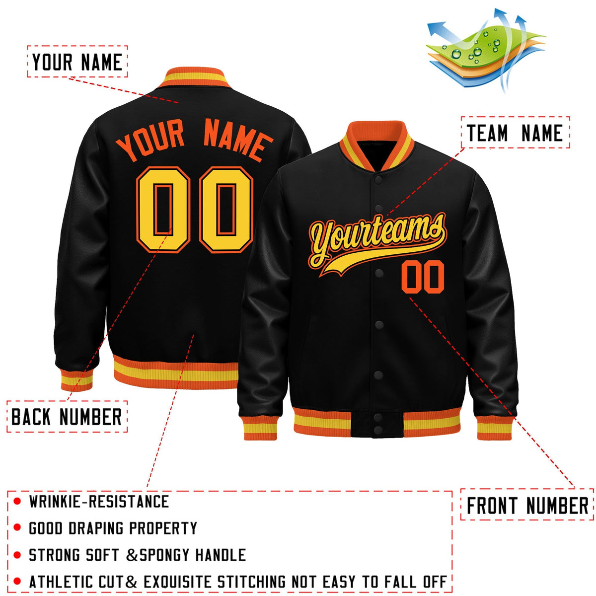 Custom Black Orange Gold Classic Style Leather Sleeves Wrinkle-Resistant Jacket| KXKSHOP