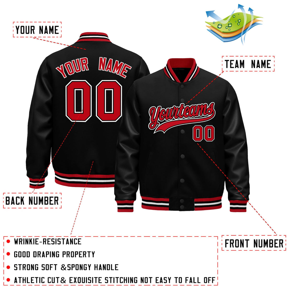 Custom Black Red White Classic Style Leather Sleeves Wrinkle-Resistant Jacket| KXKSHOP