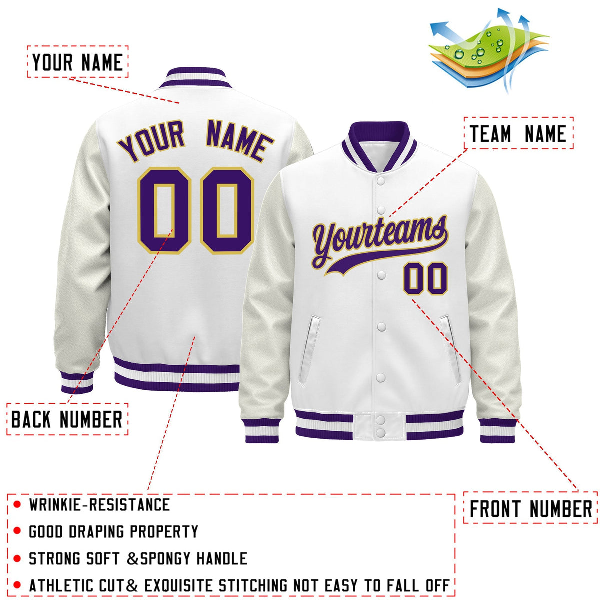 Custom White Purple Classic Style Leather Sleeves Wrinkle-Resistant Jacket| KXKSHOP