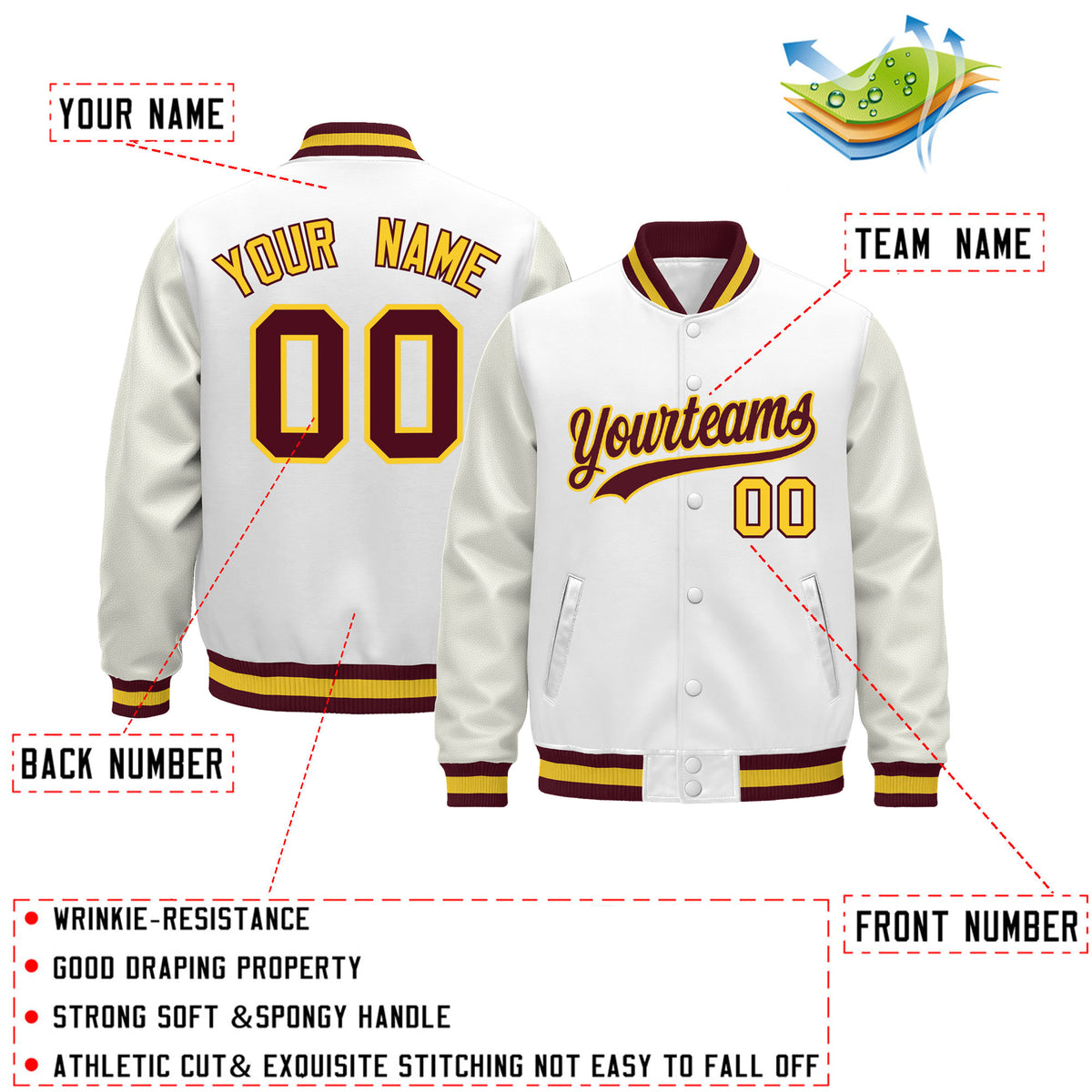 Custom White Crimson Gold Classic Style Leather Sleeves Wrinkle-Resistant Jacket| KXKSHOP